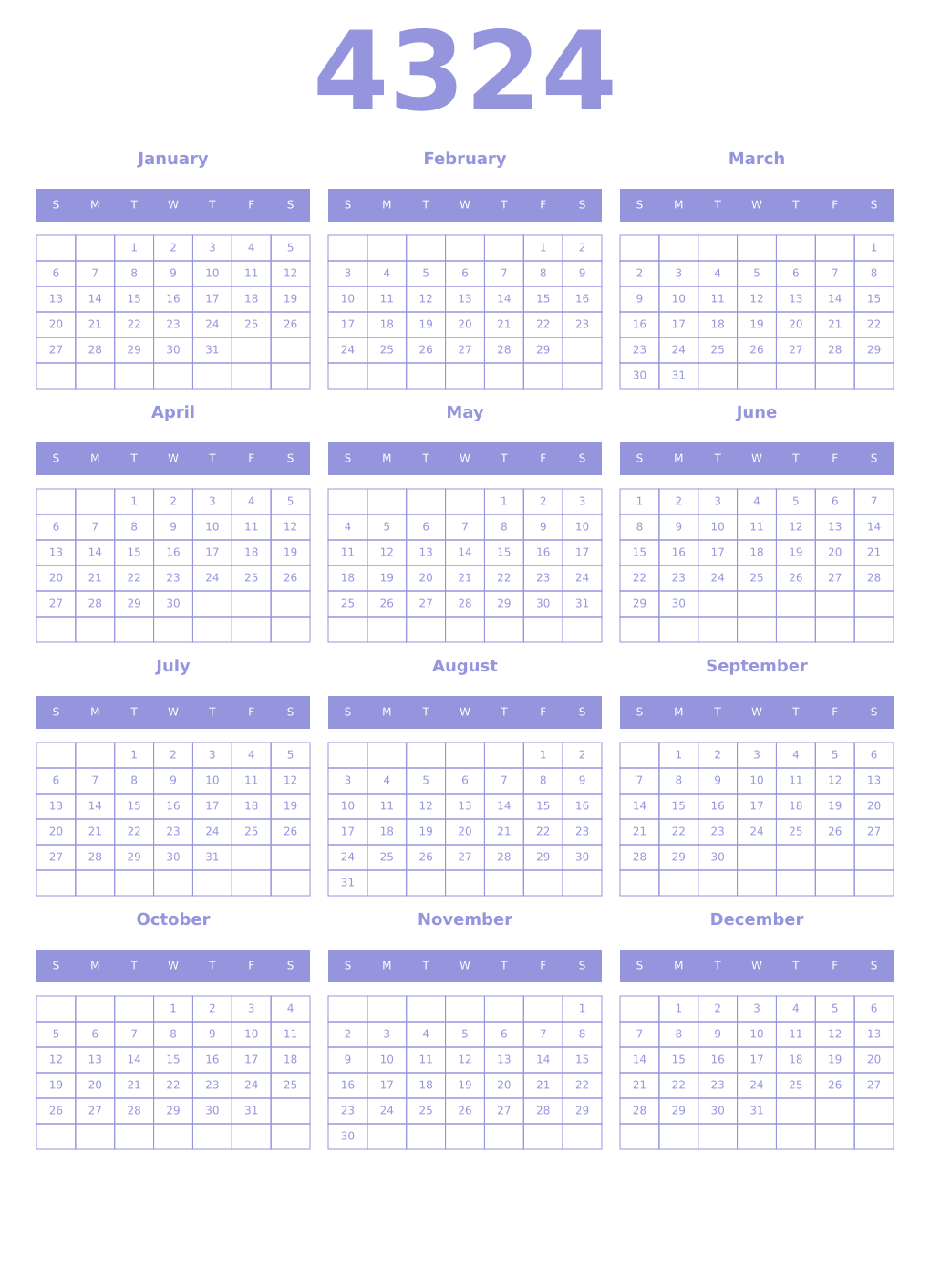 Printable 4324 Year Calendars periwinkle