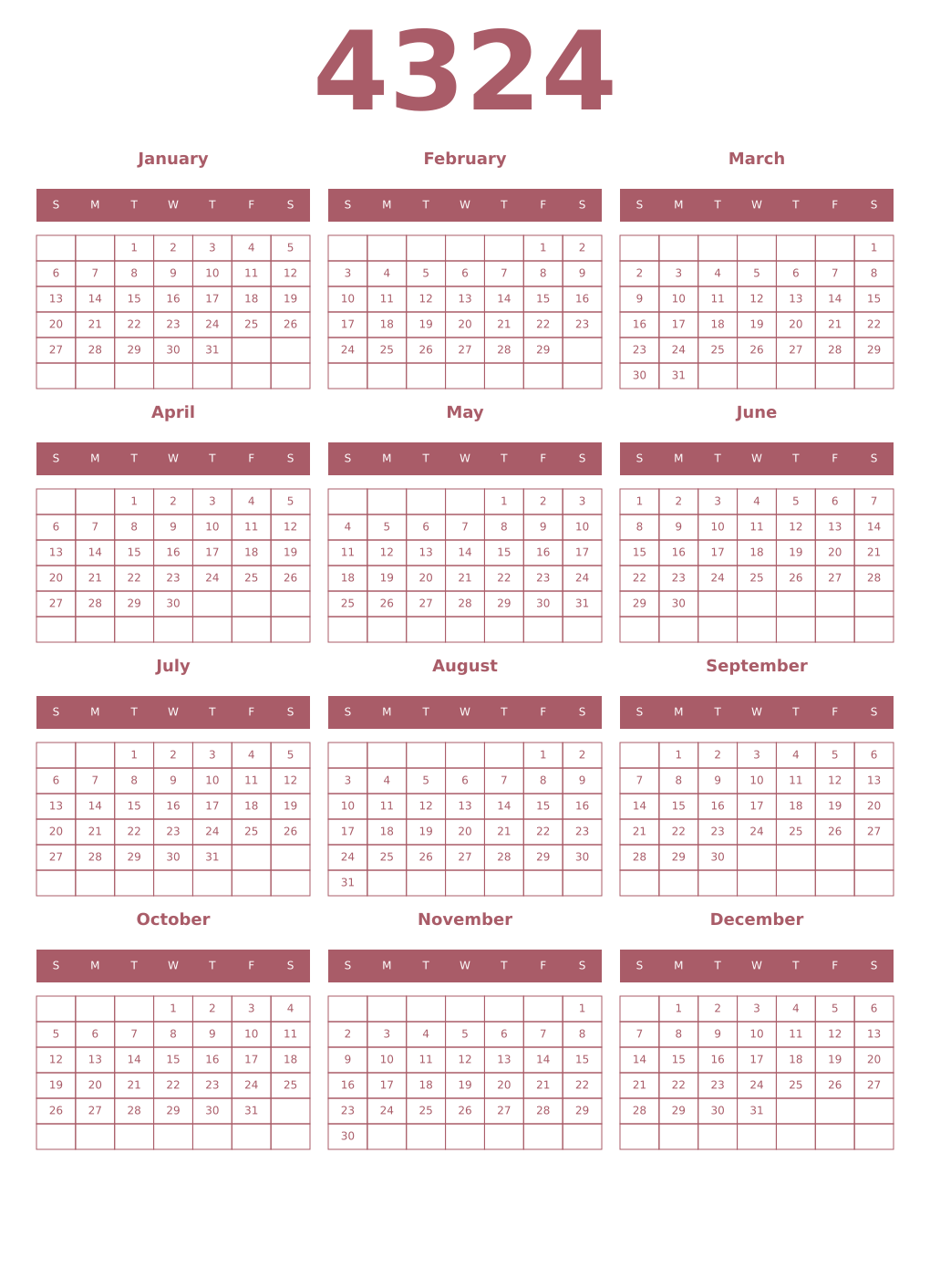 Printable 4324 Year Calendars puce