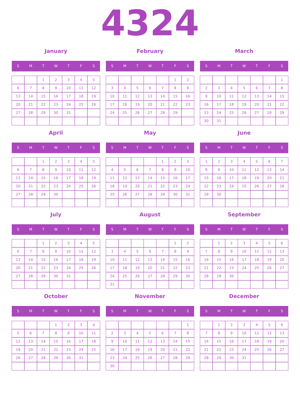 Printable 4324 Year Calendars purple