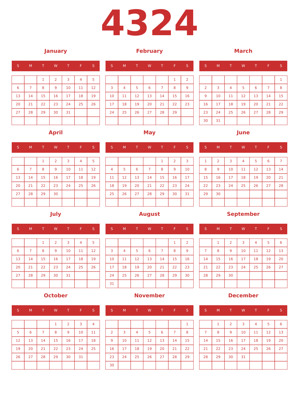 Printable 4324 Year Calendars red