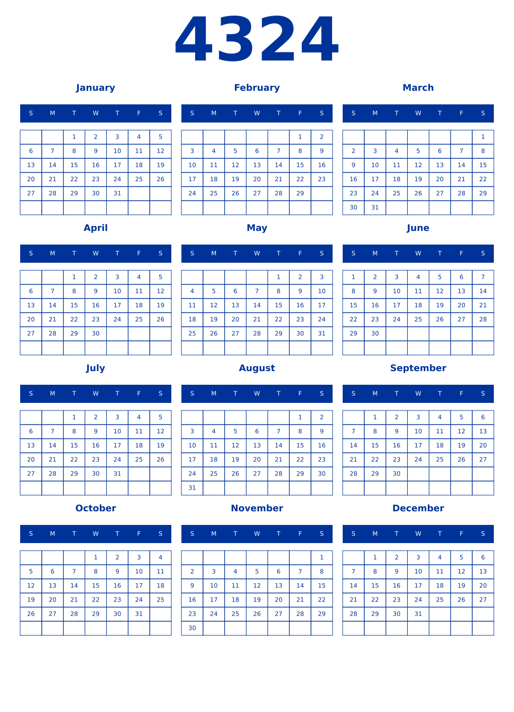 Printable 4324 Year Calendars smalt