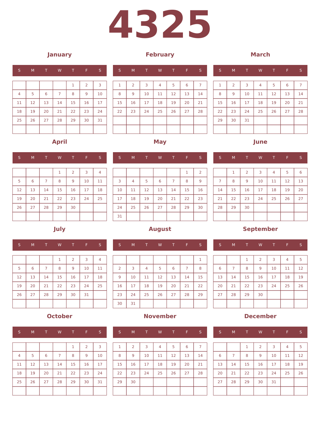 Printable 4325 Year Calendars cordovan