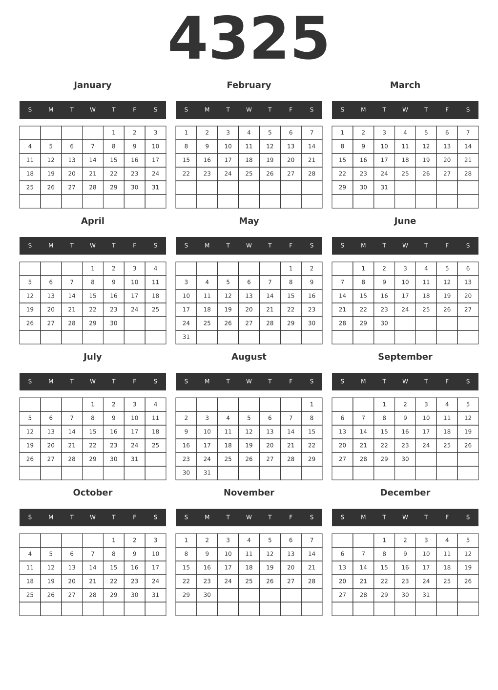 Printable 4325 Year Calendars dark