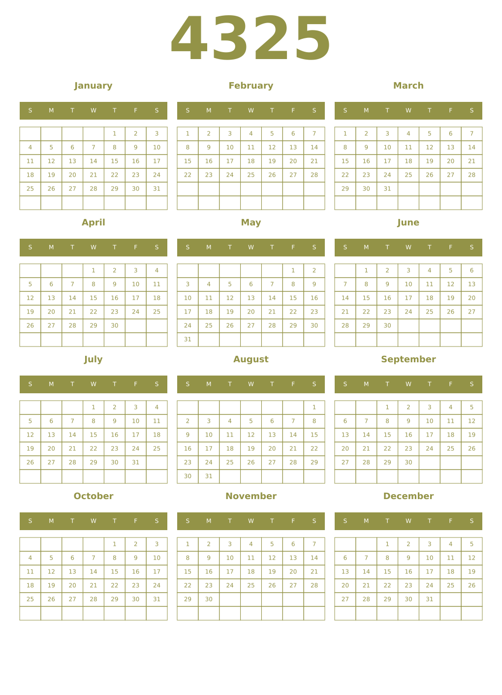 Printable 4325 Year Calendars eburnean