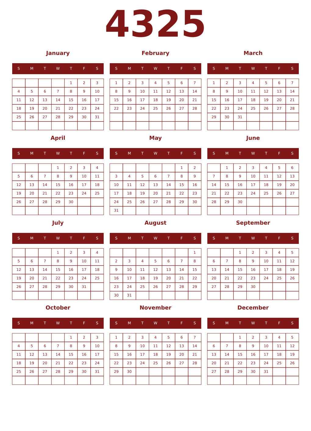 Printable 4325 Year Calendars falu