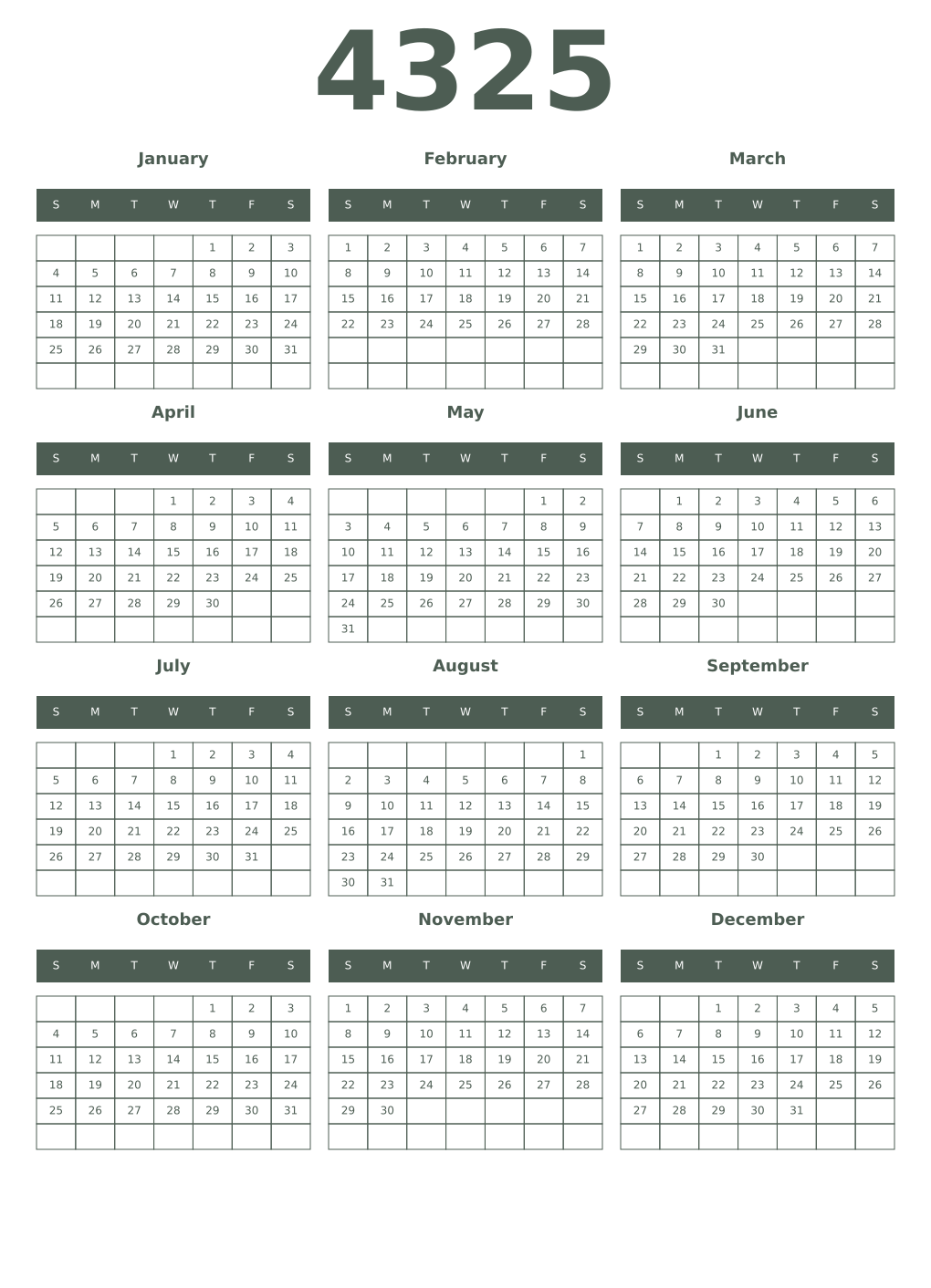 Printable 4325 Year Calendars feldgrau