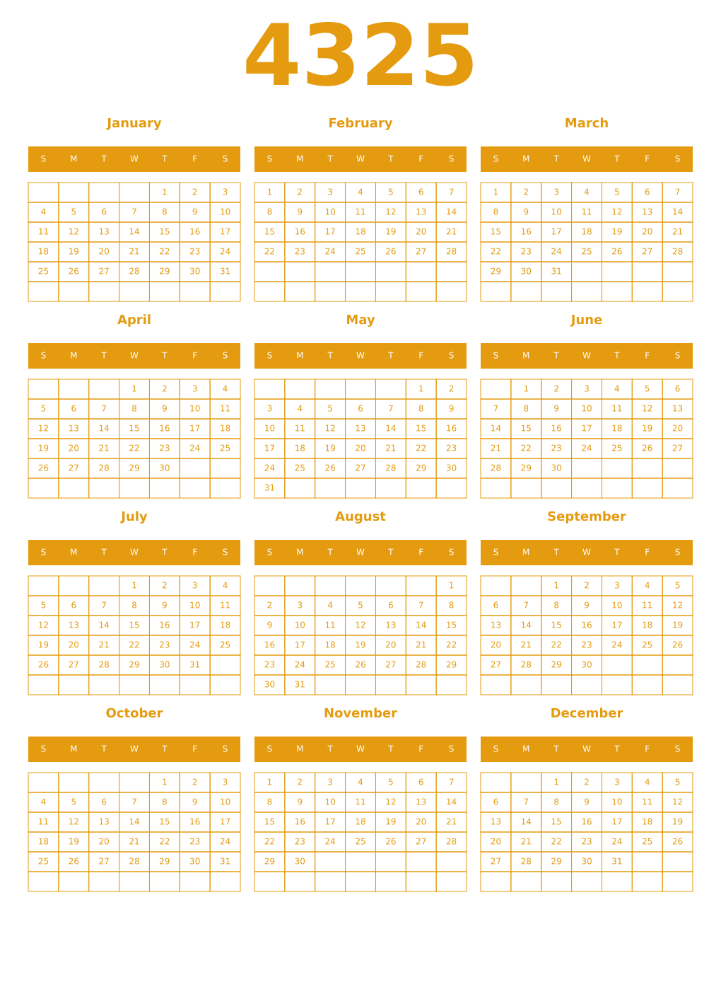 Printable 4325 Year Calendars gamboge
