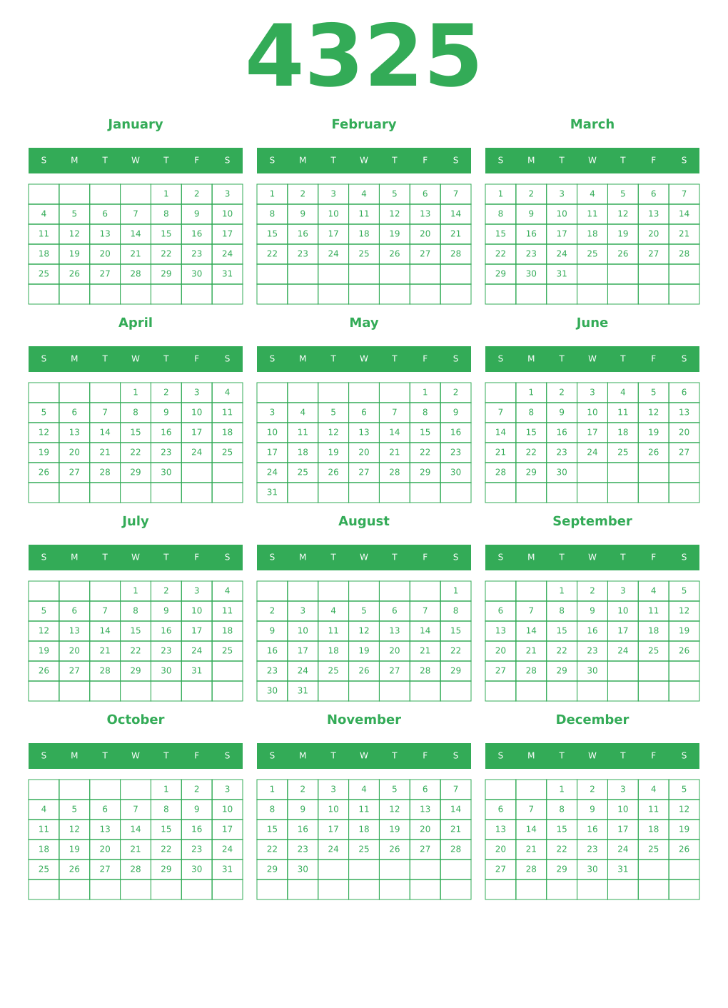 Printable 4325 Year Calendars green