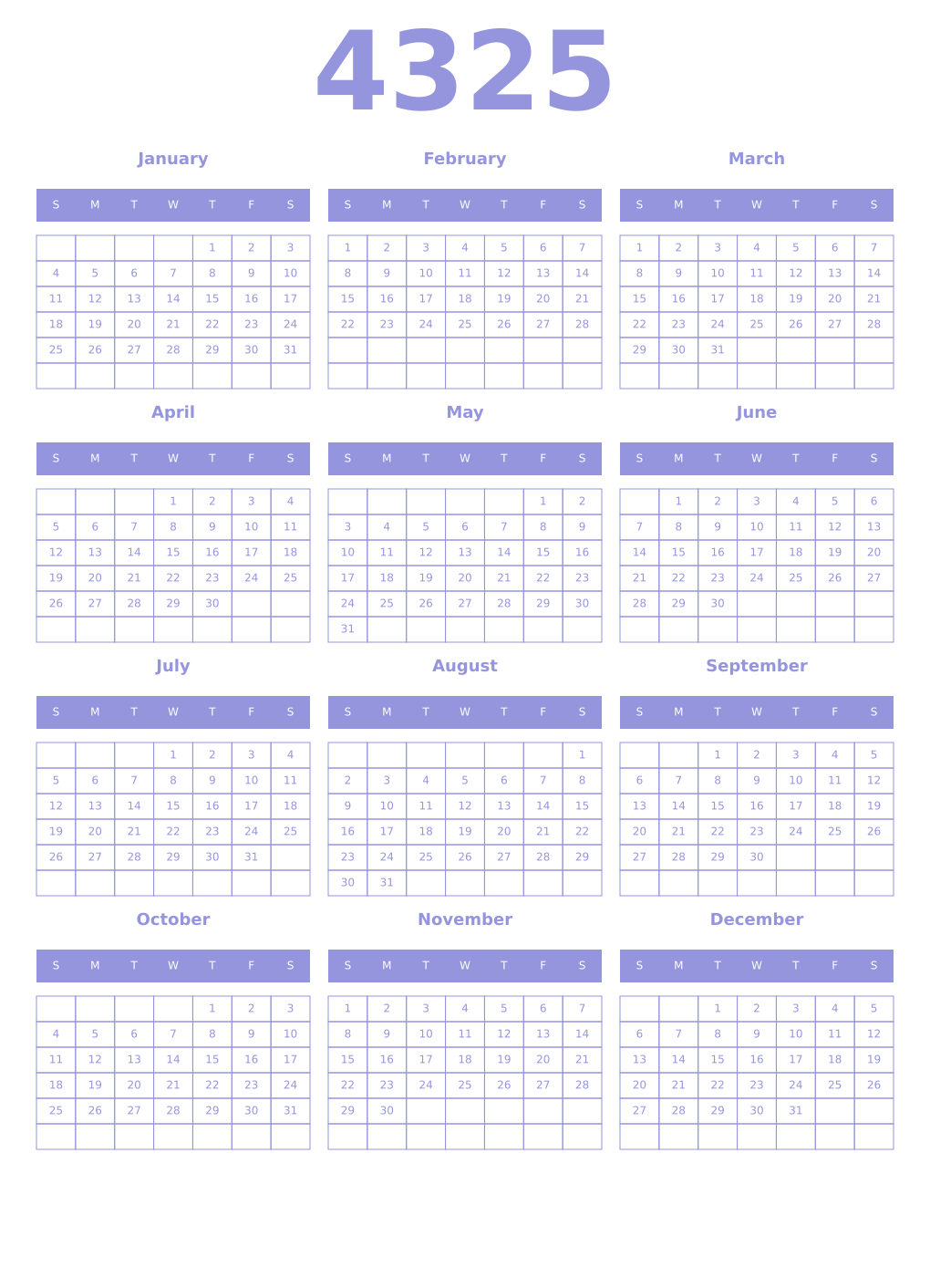 Printable 4325 Year Calendars periwinkle