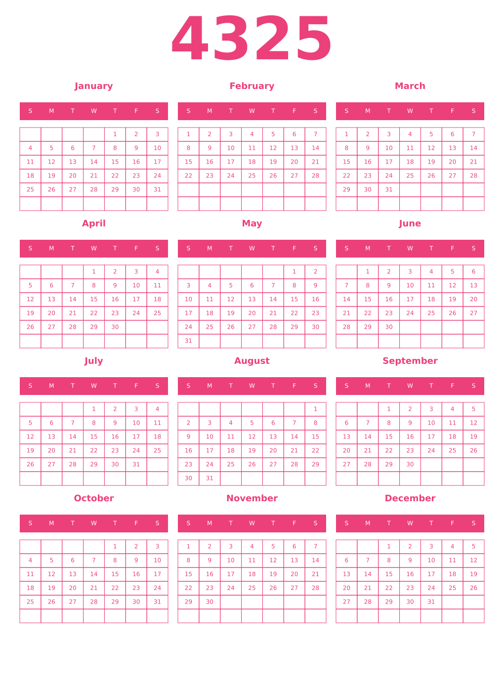 Printable 4325 Year Calendars pink