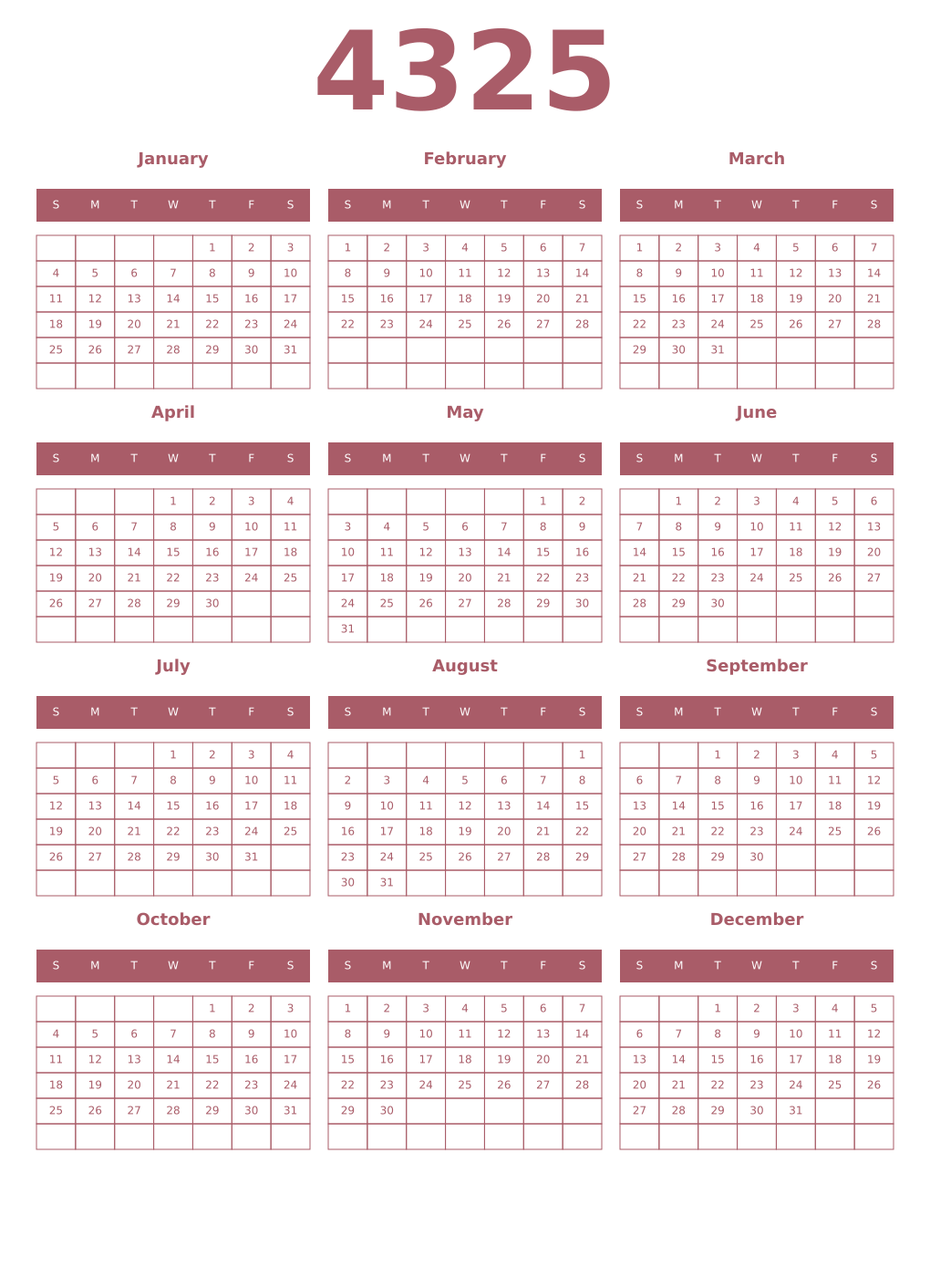 Printable 4325 Year Calendars puce