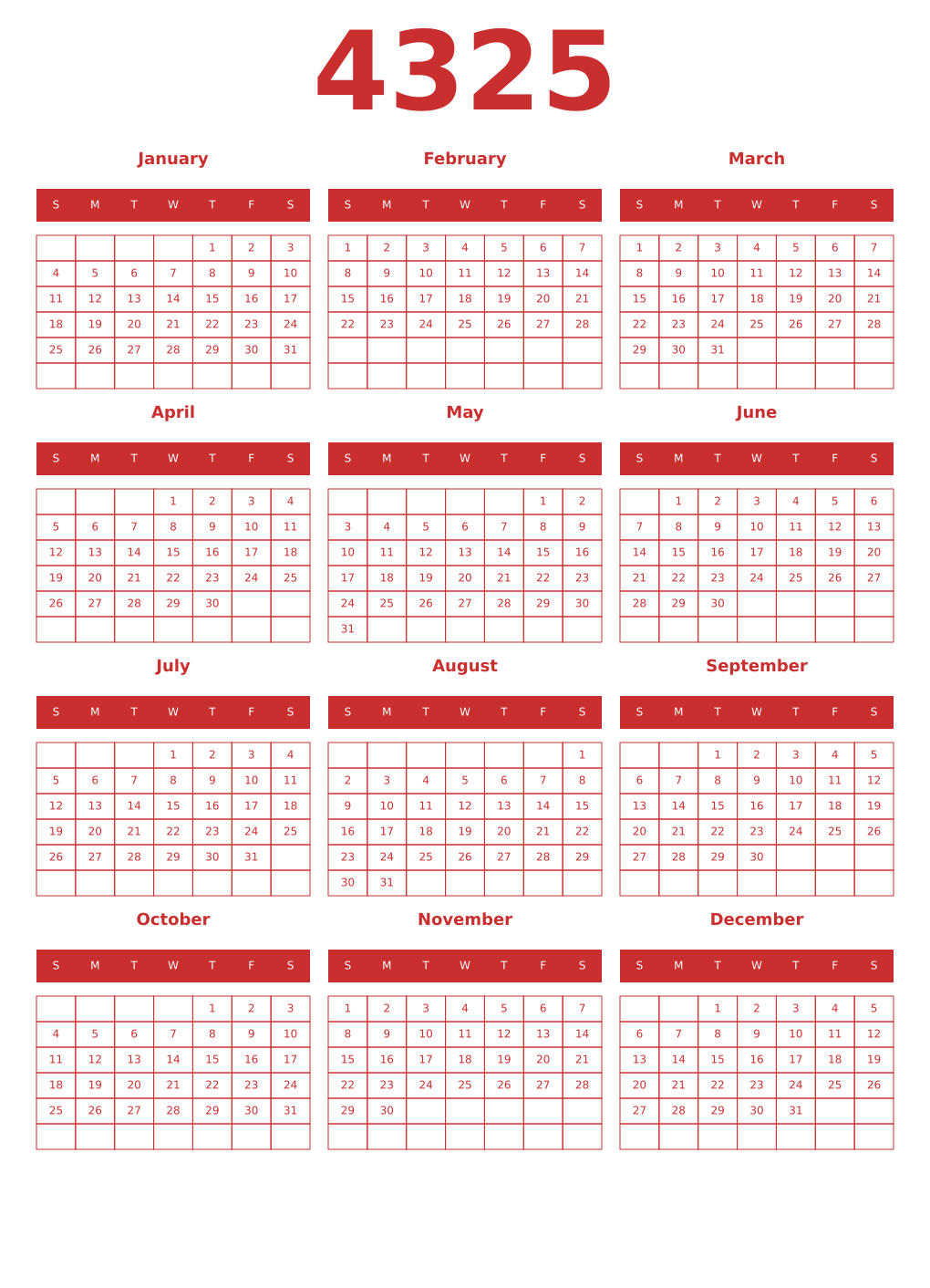 Printable 4325 Year Calendars red