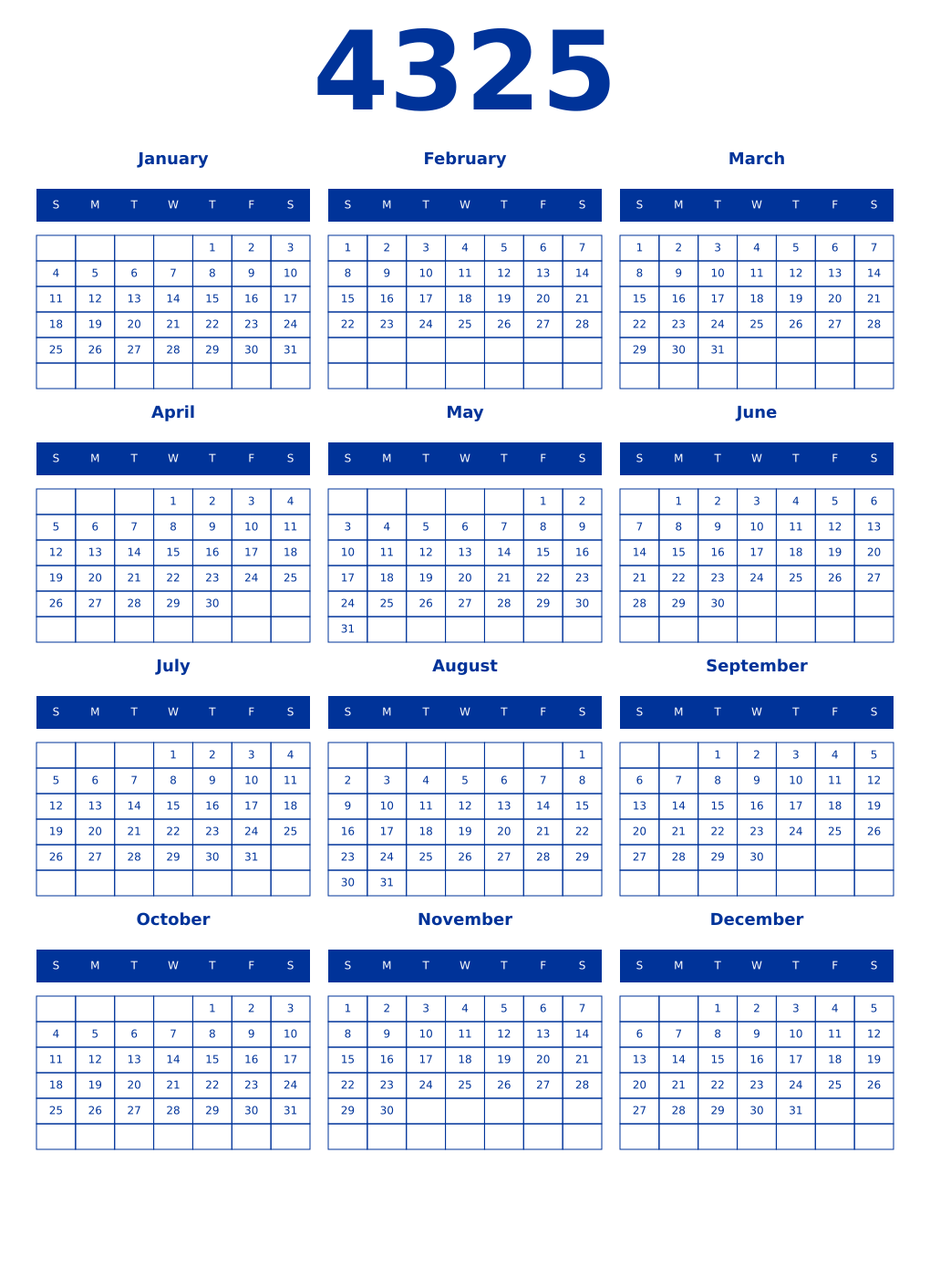 Printable 4325 Year Calendars smalt