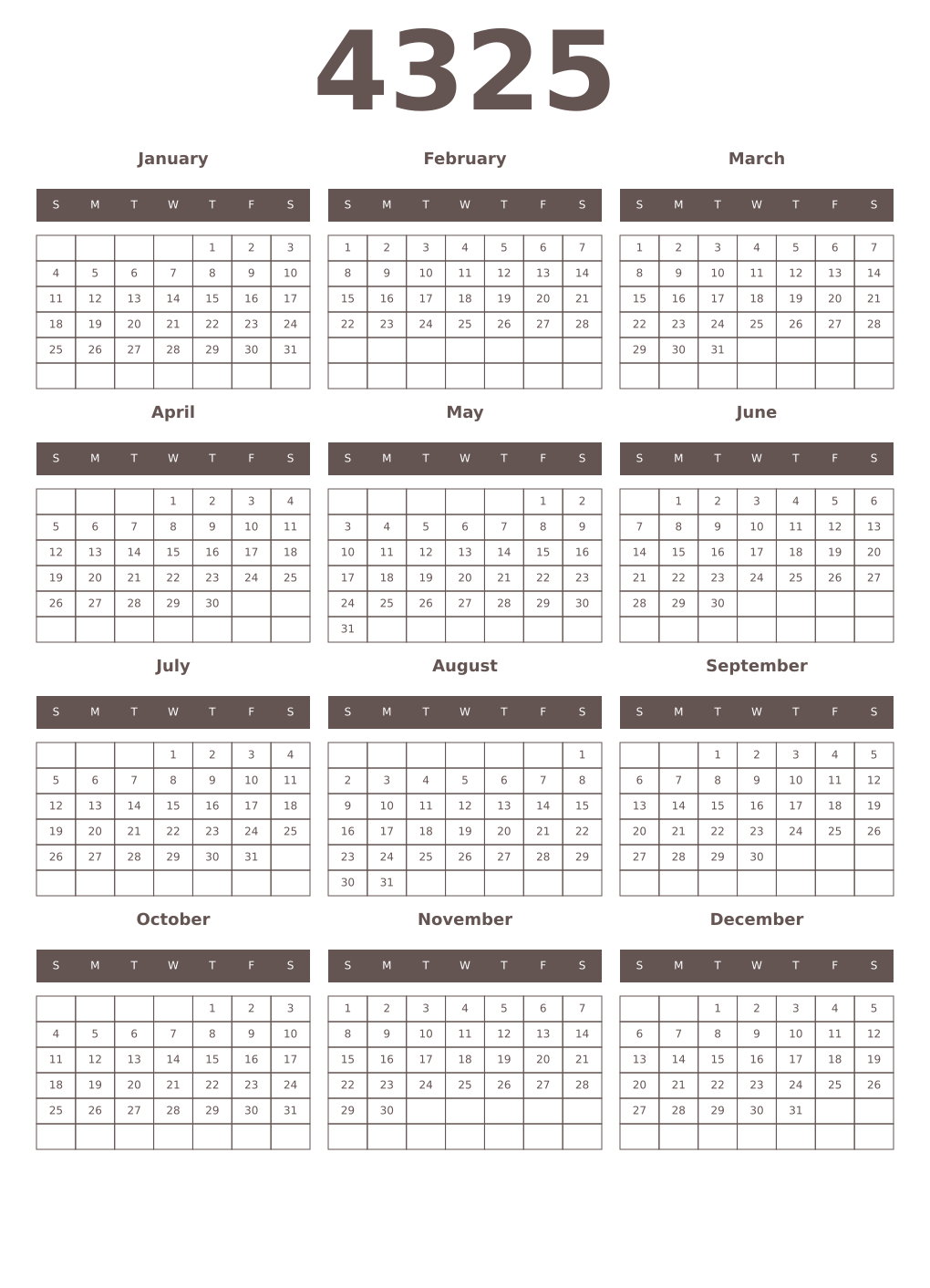 Printable 4325 Year Calendars wenge