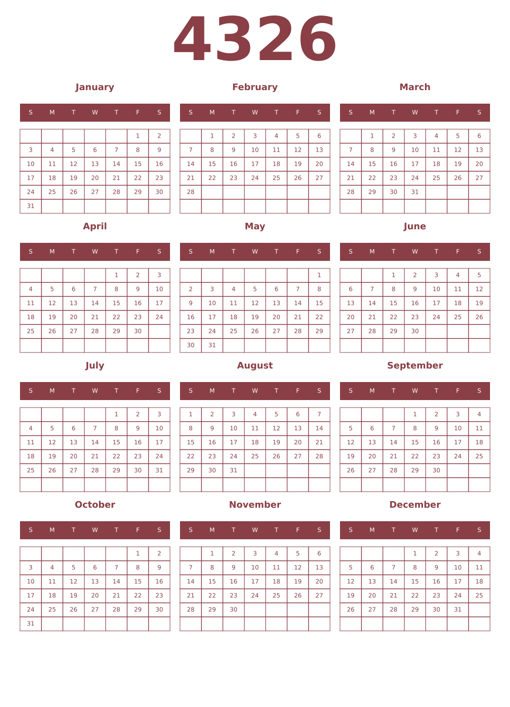 Printable 4326 Year Calendars cordovan