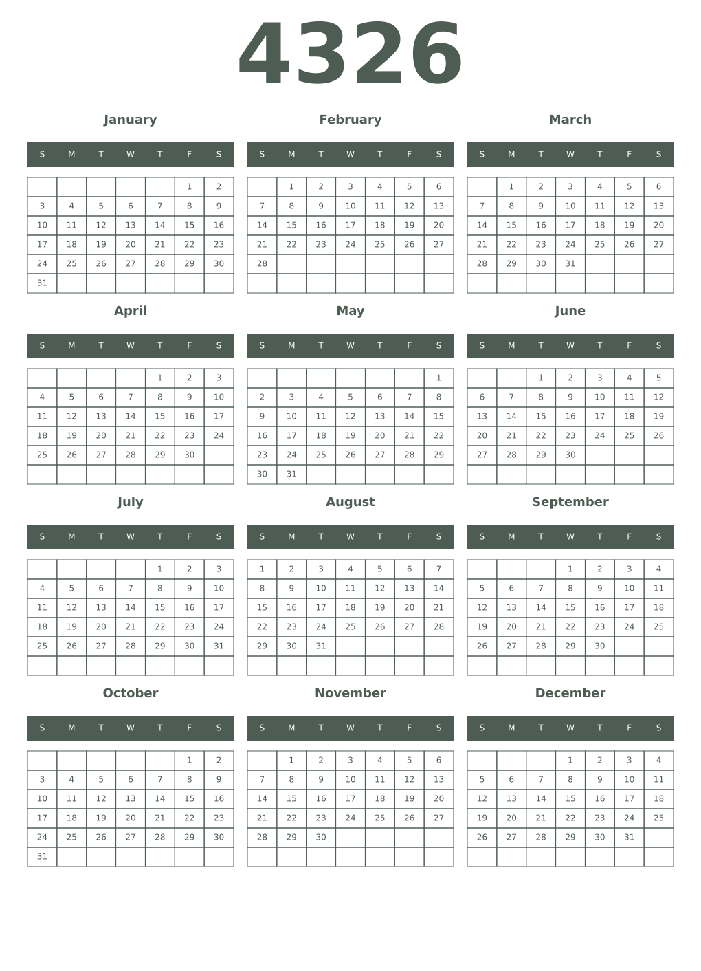 Printable 4326 Year Calendars feldgrau