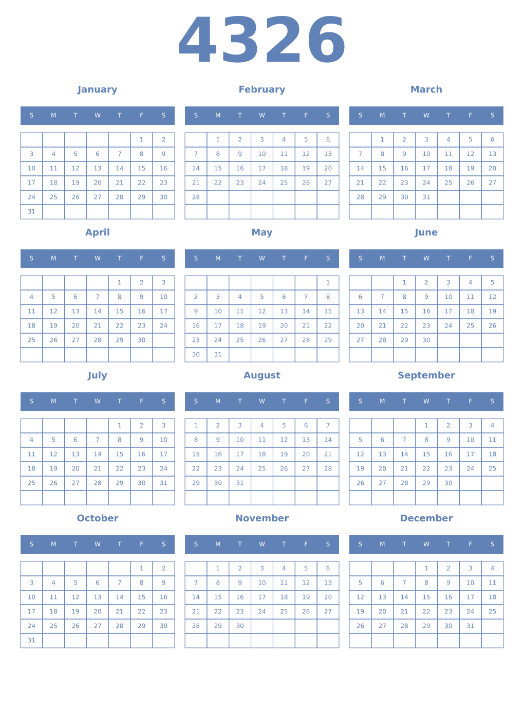 Printable 4326 Year Calendars glaucous