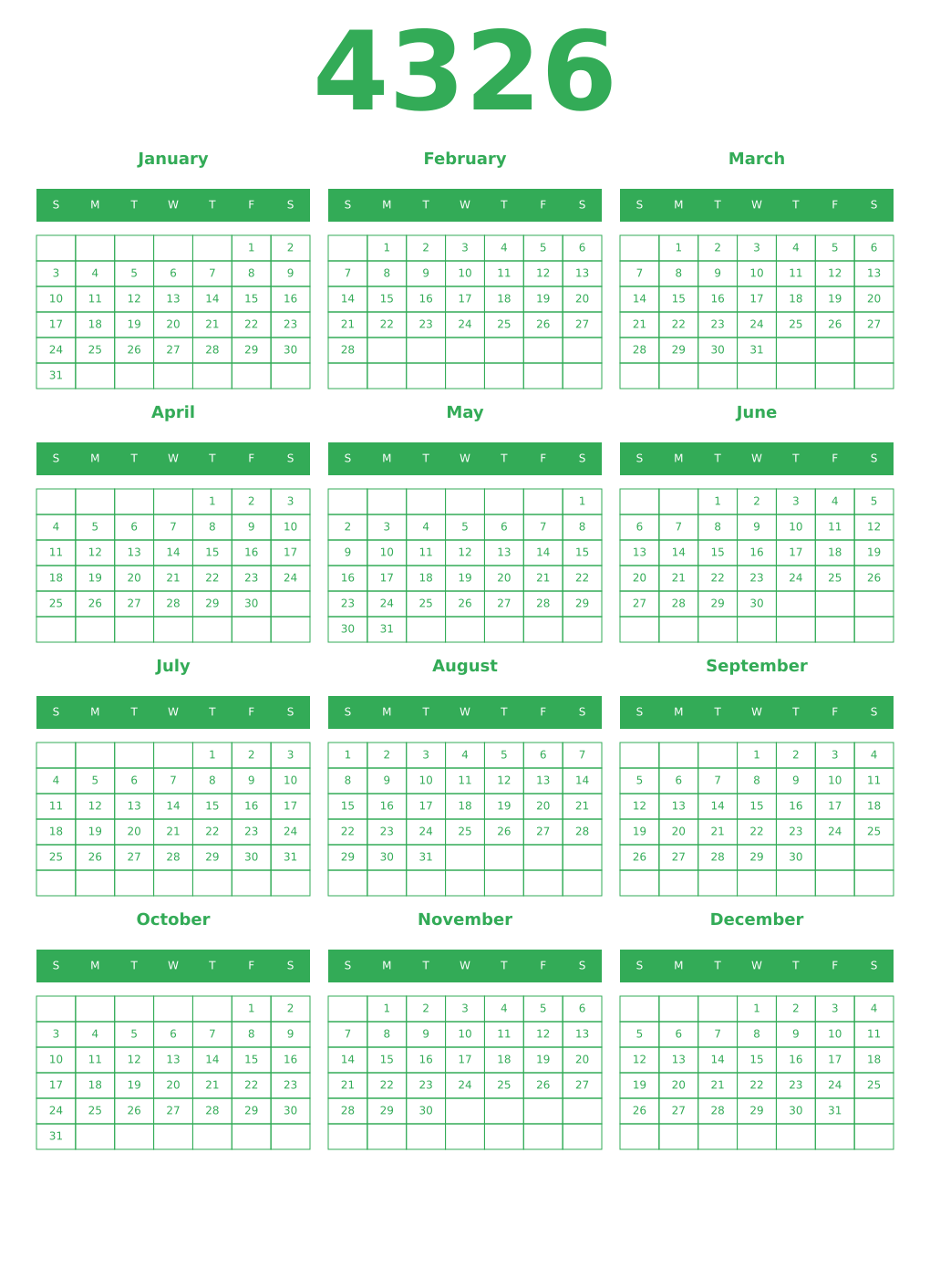 Printable 4326 Year Calendars green