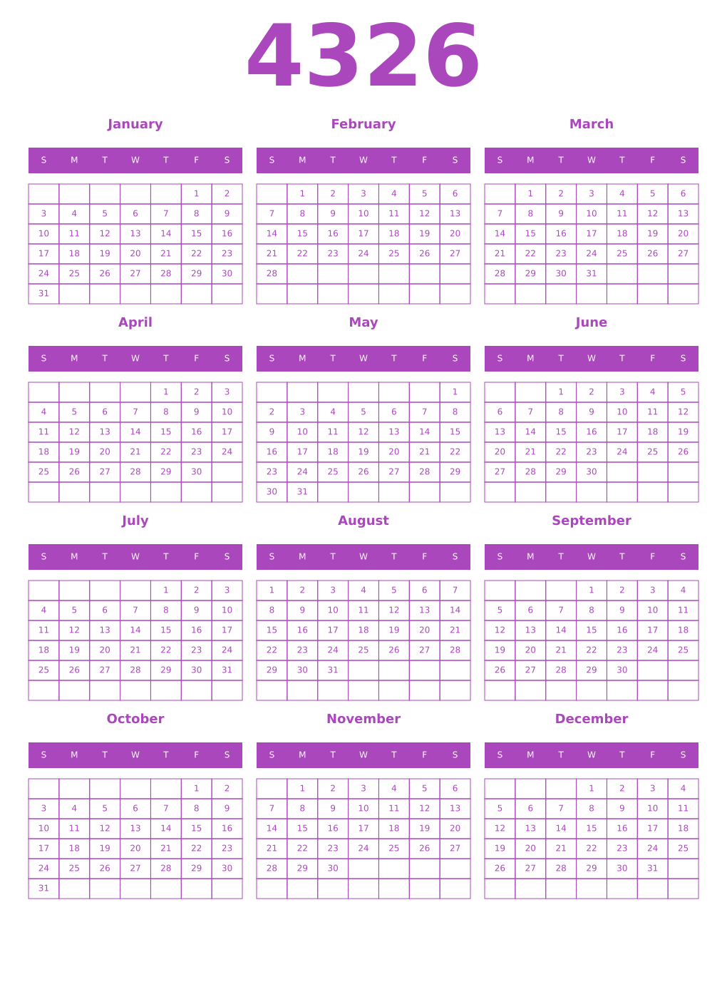Printable 4326 Year Calendars purple