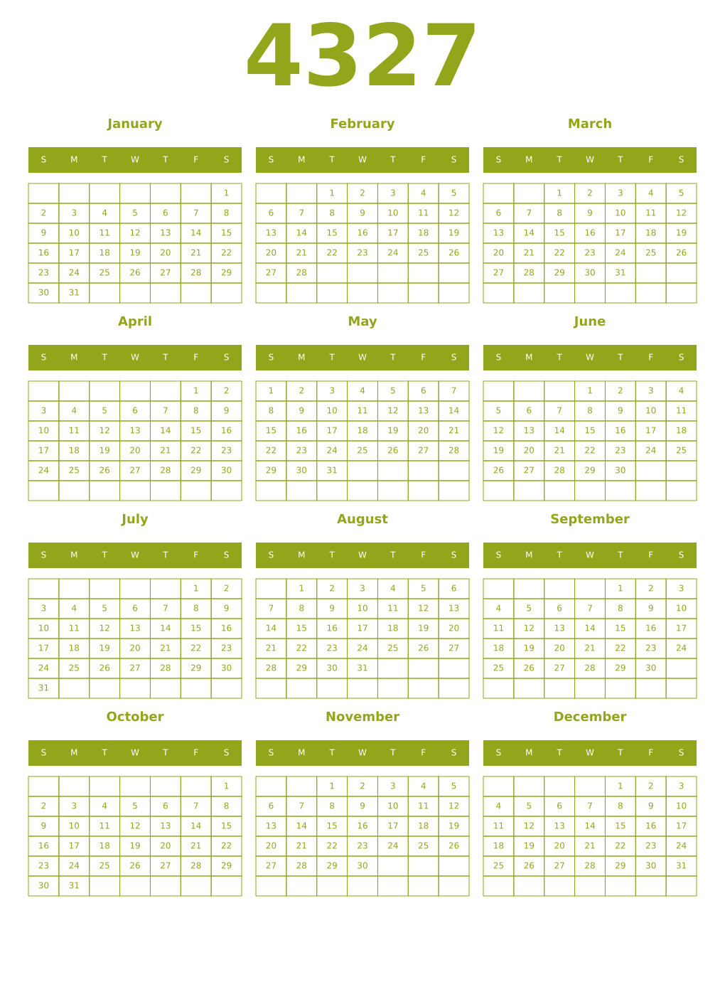 Printable 4327 Year Calendars chartreuse