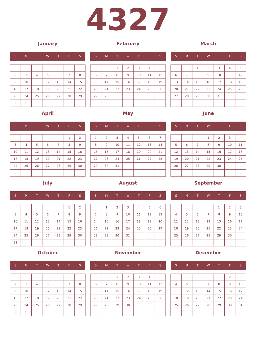 Printable 4327 Year Calendars cordovan
