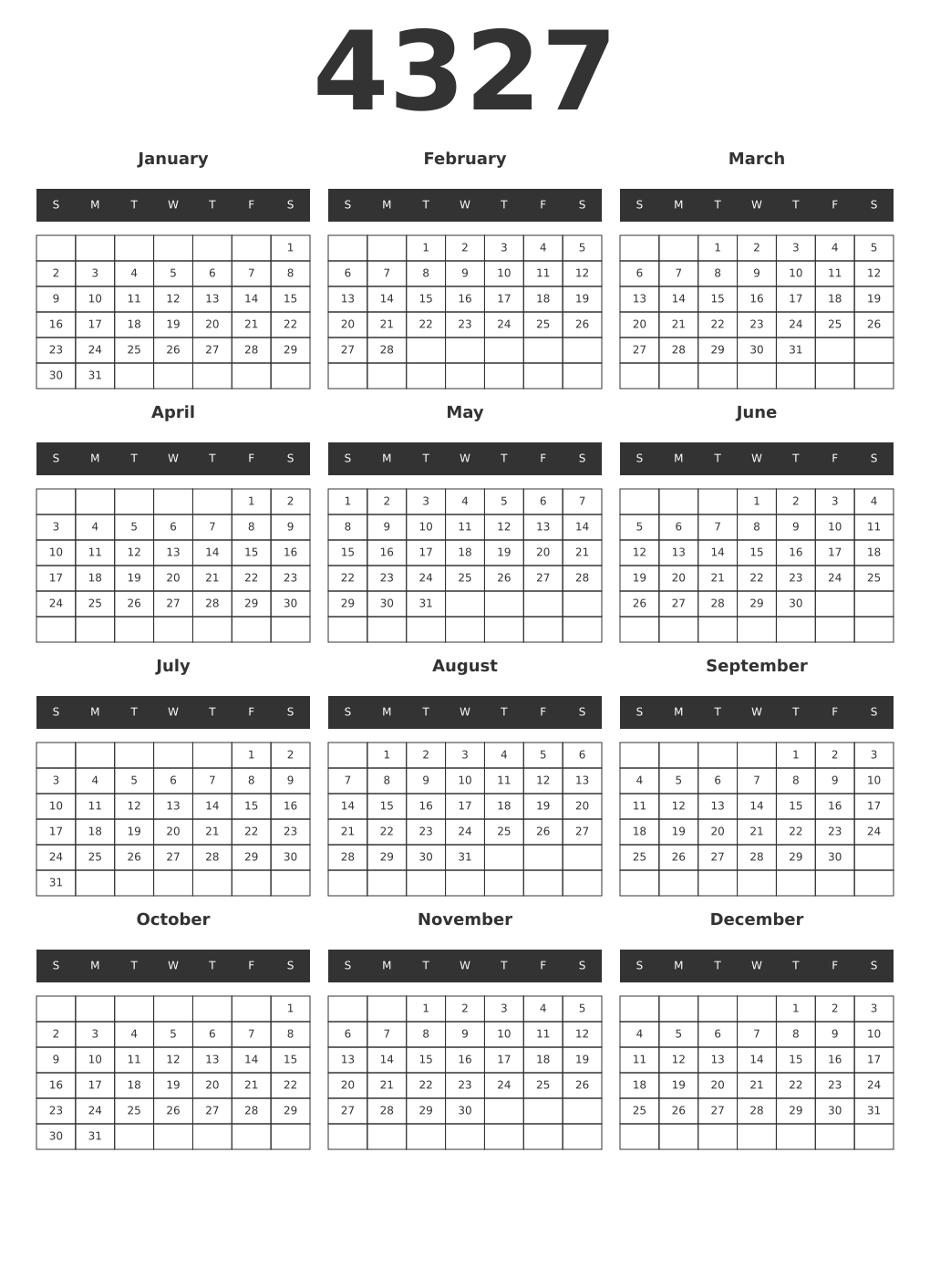 Printable 4327 Year Calendars dark
