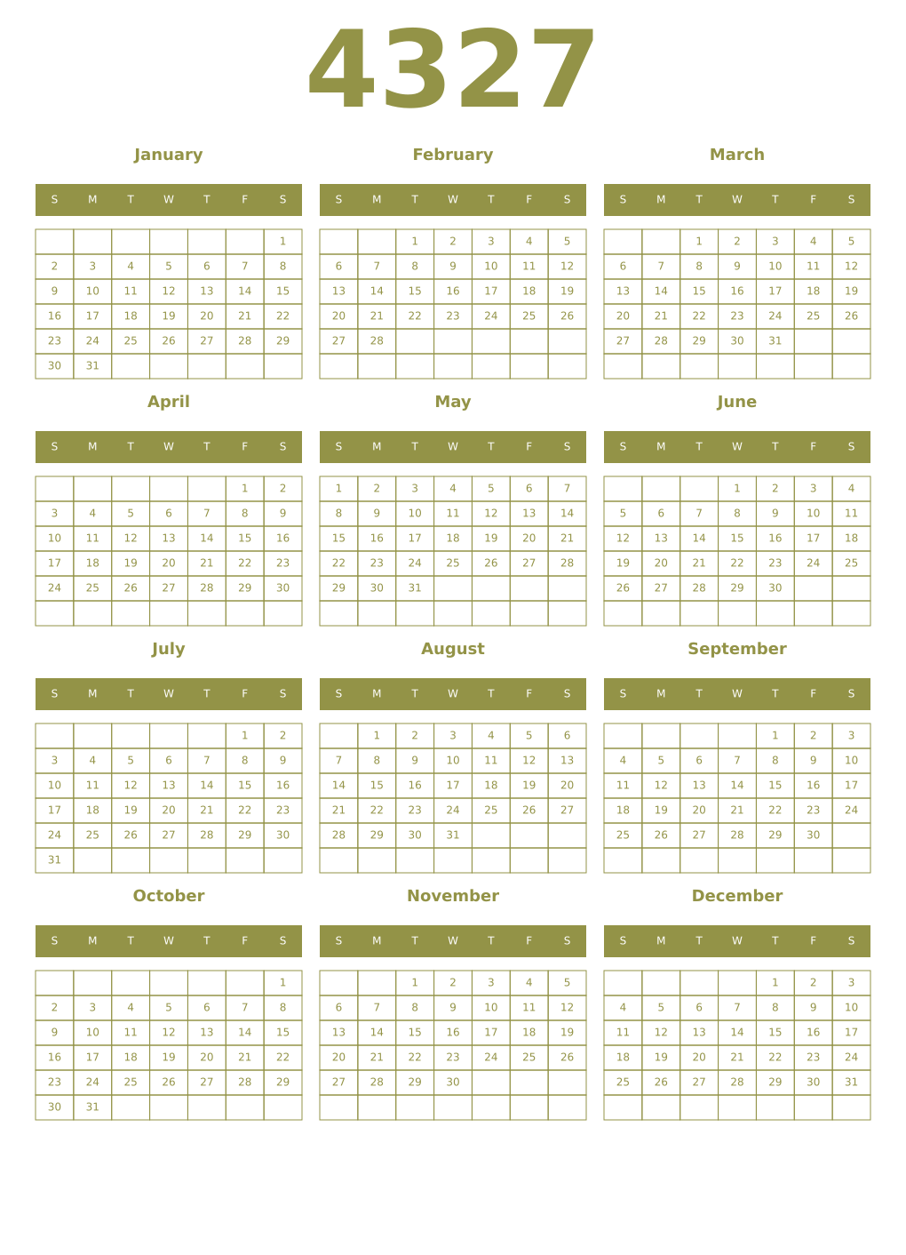 Printable 4327 Year Calendars eburnean