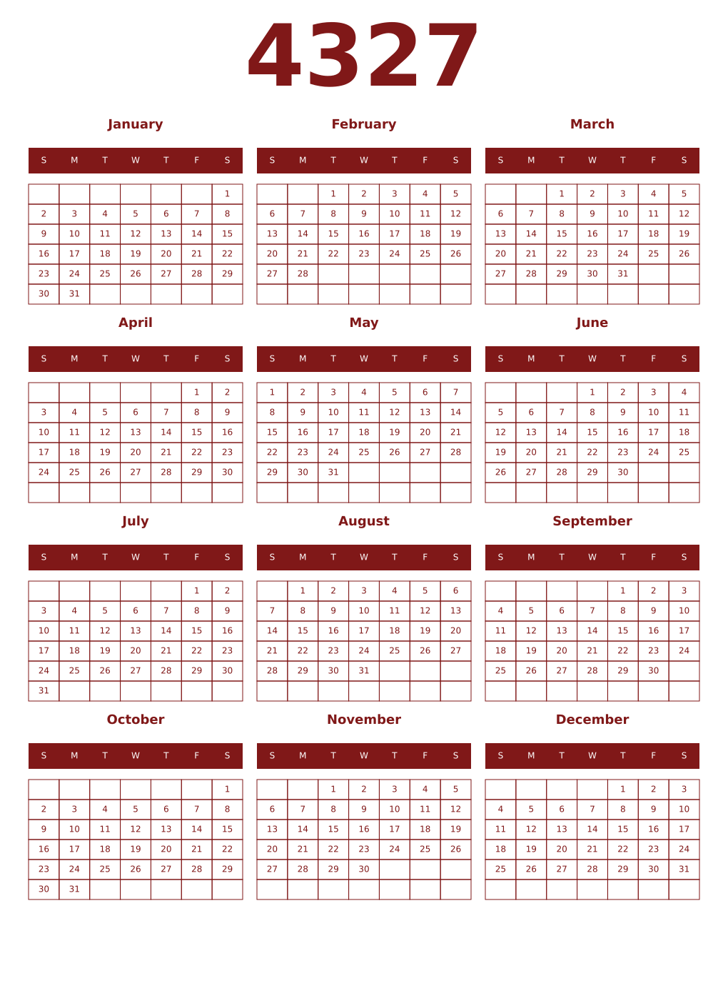 Printable 4327 Year Calendars falu