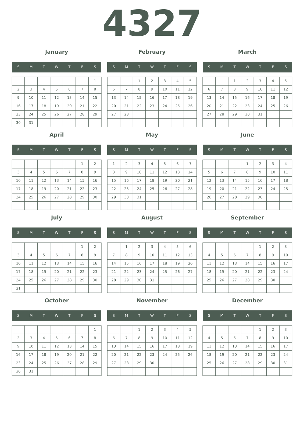 Printable 4327 Year Calendars feldgrau