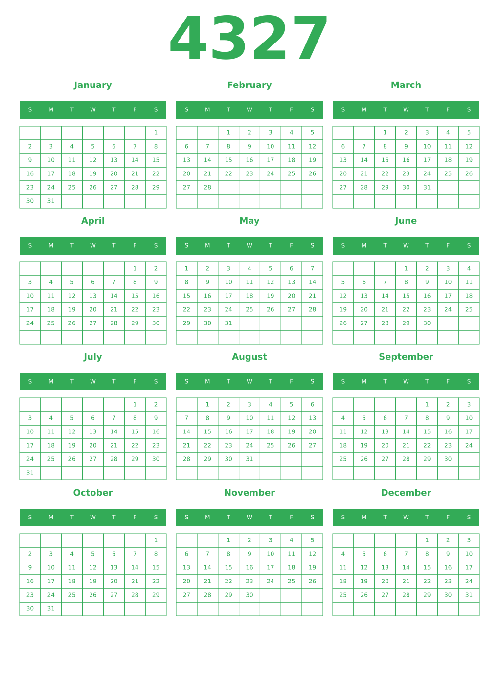 Printable 4327 Year Calendars green