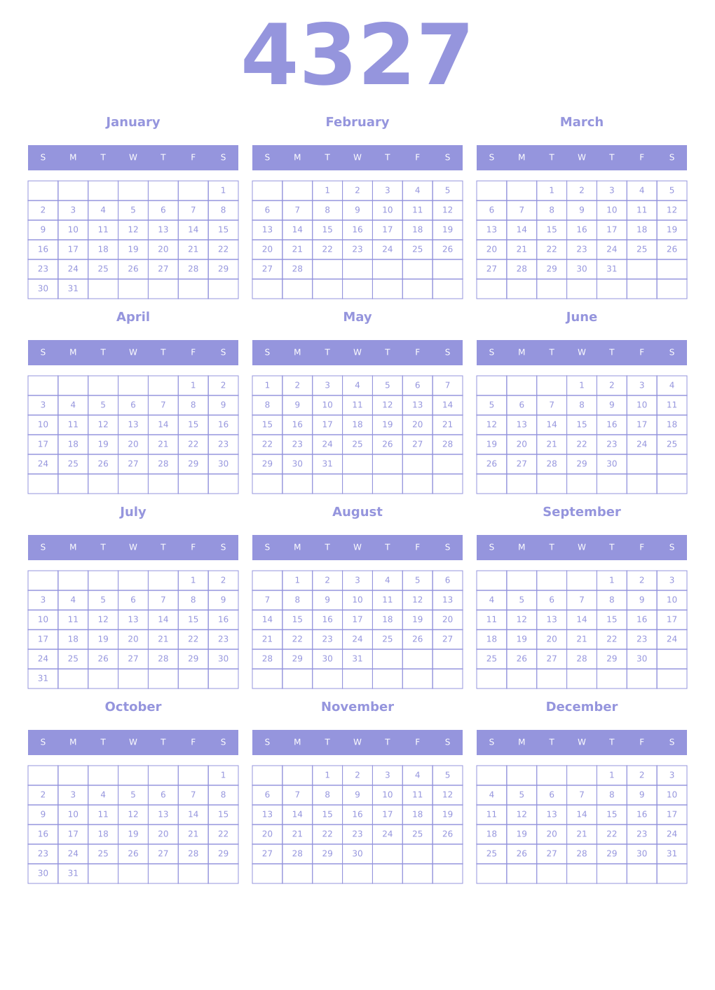 Printable 4327 Year Calendars periwinkle