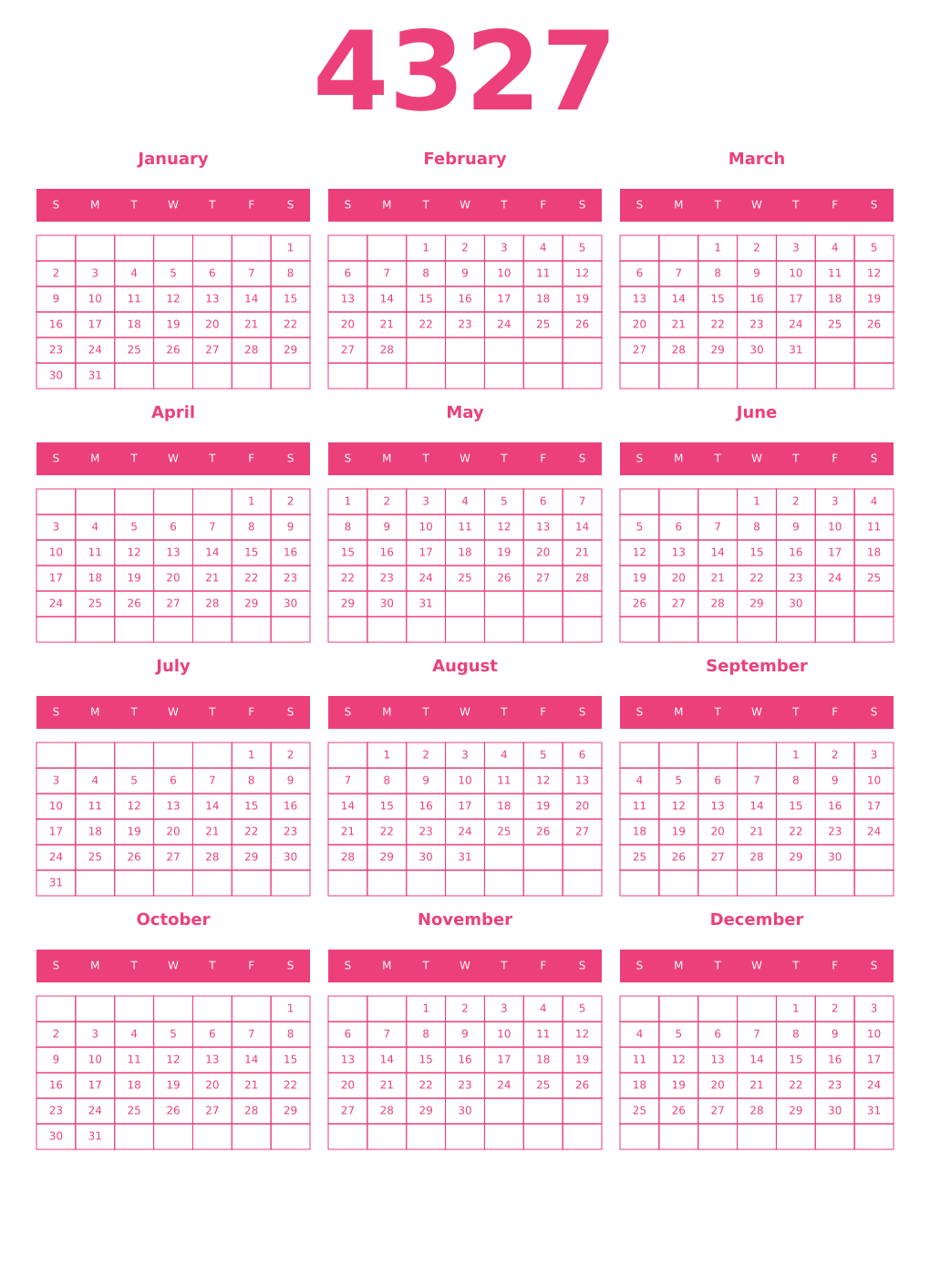 Printable 4327 Year Calendars pink