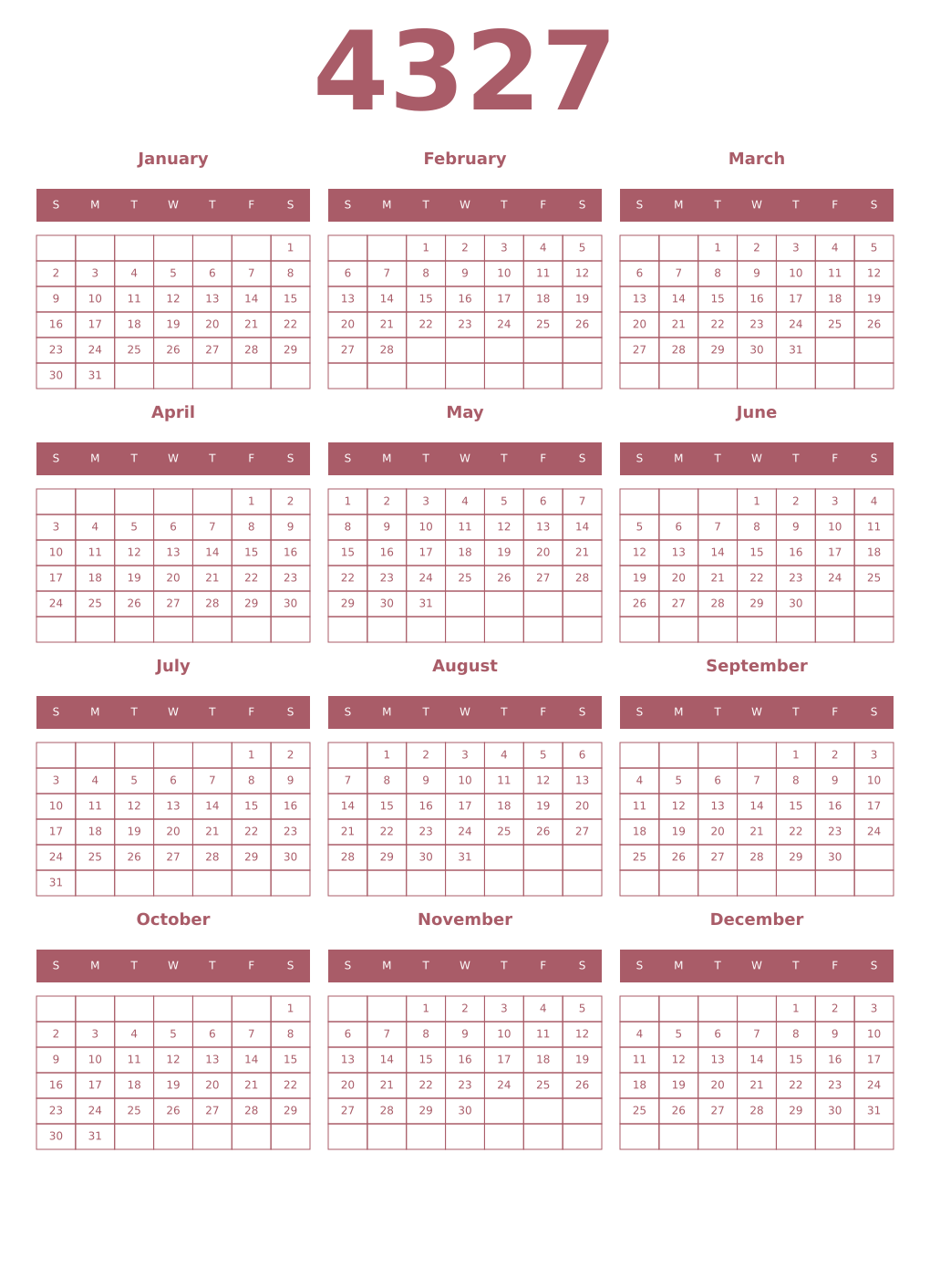 Printable 4327 Year Calendars puce