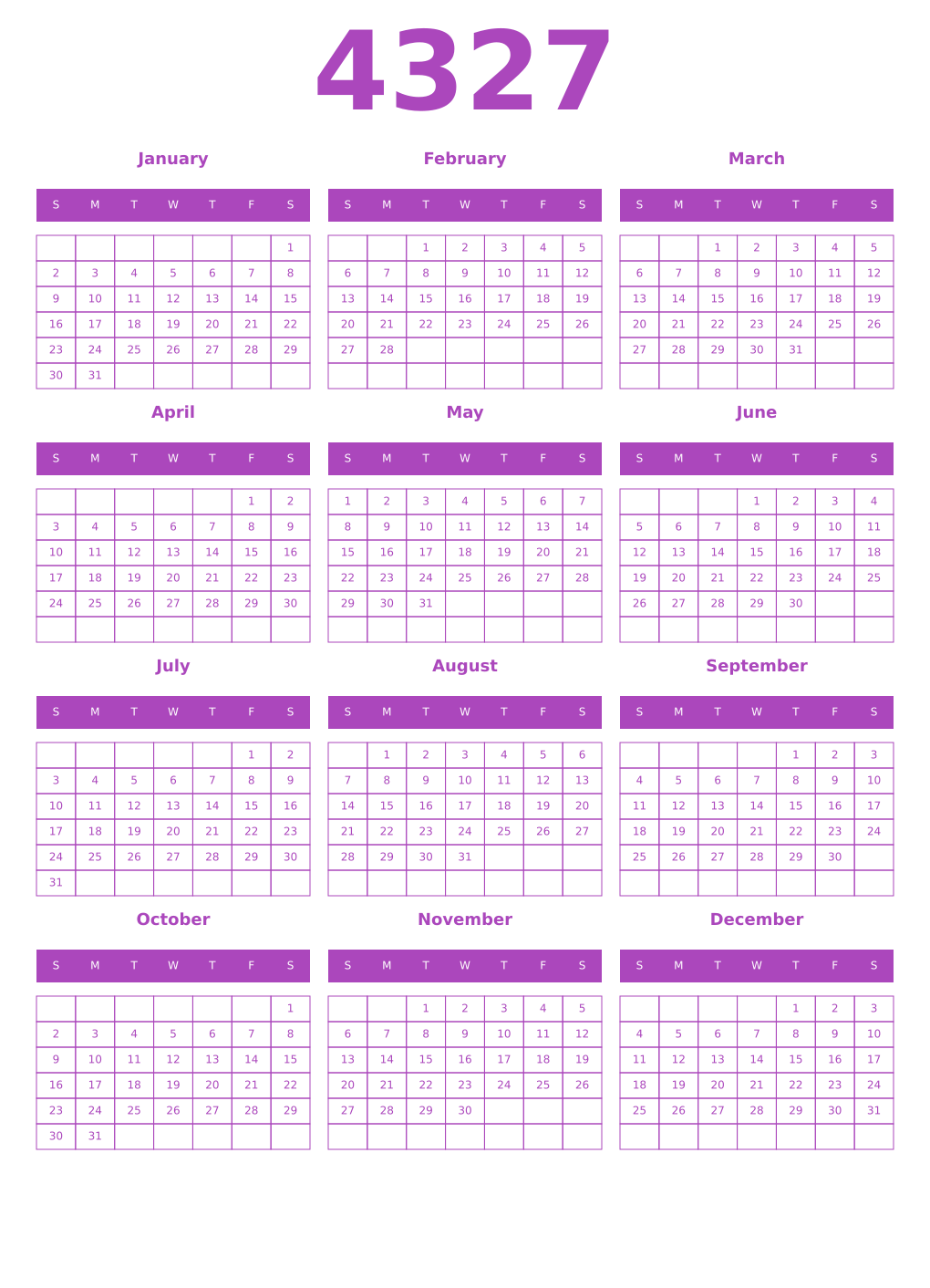 Printable 4327 Year Calendars purple