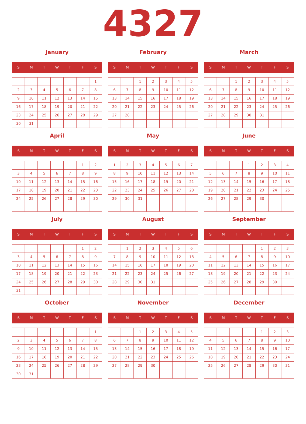 Printable 4327 Year Calendars red