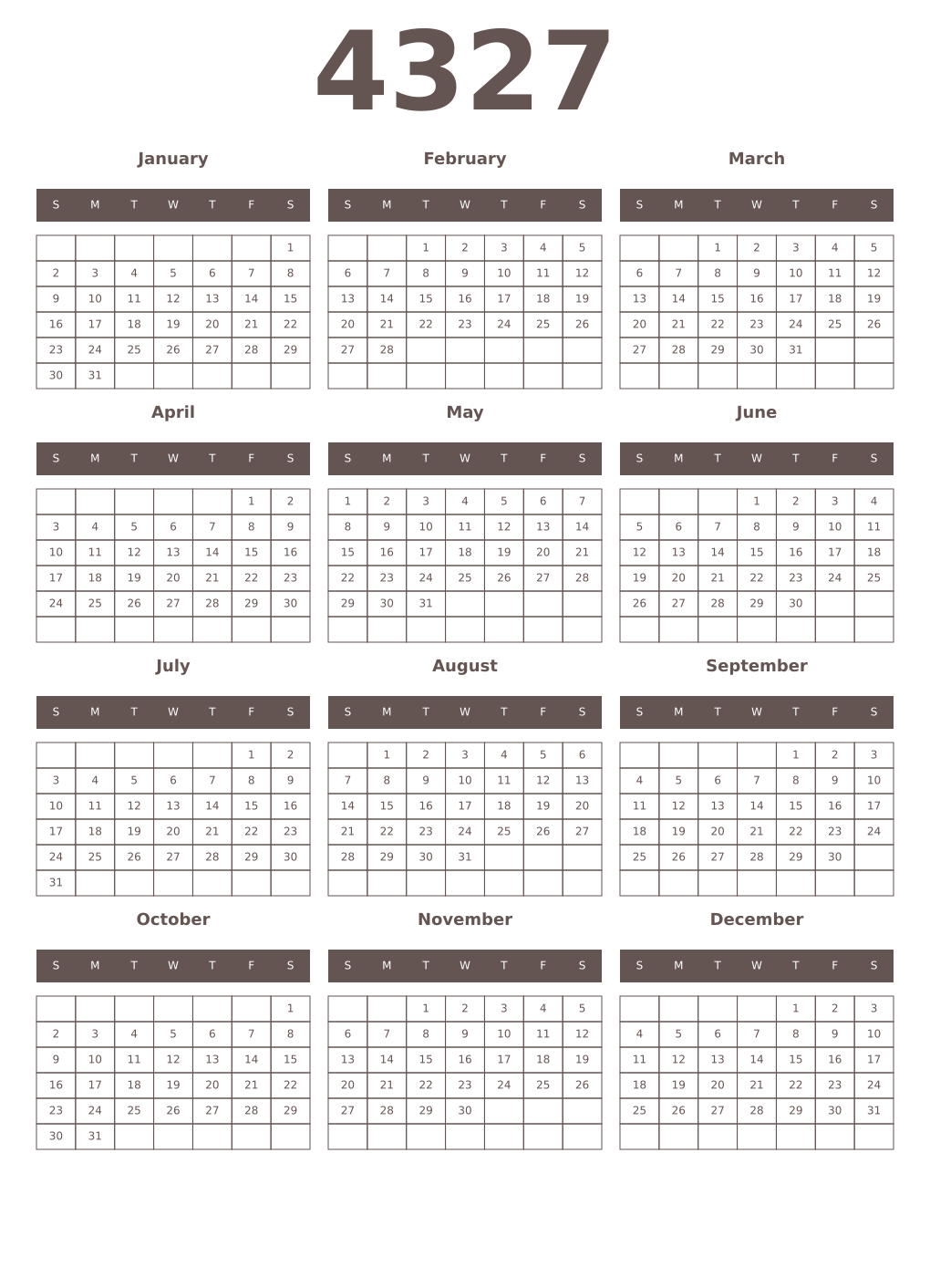 Printable 4327 Year Calendars wenge