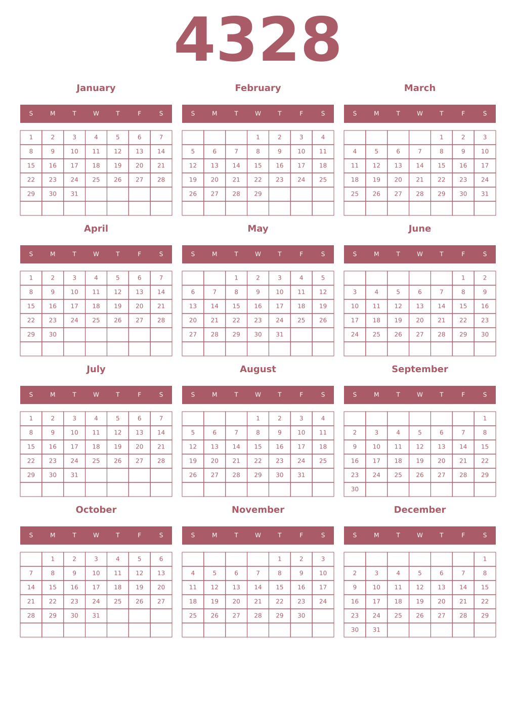 Printable 4328 Year Calendars puce