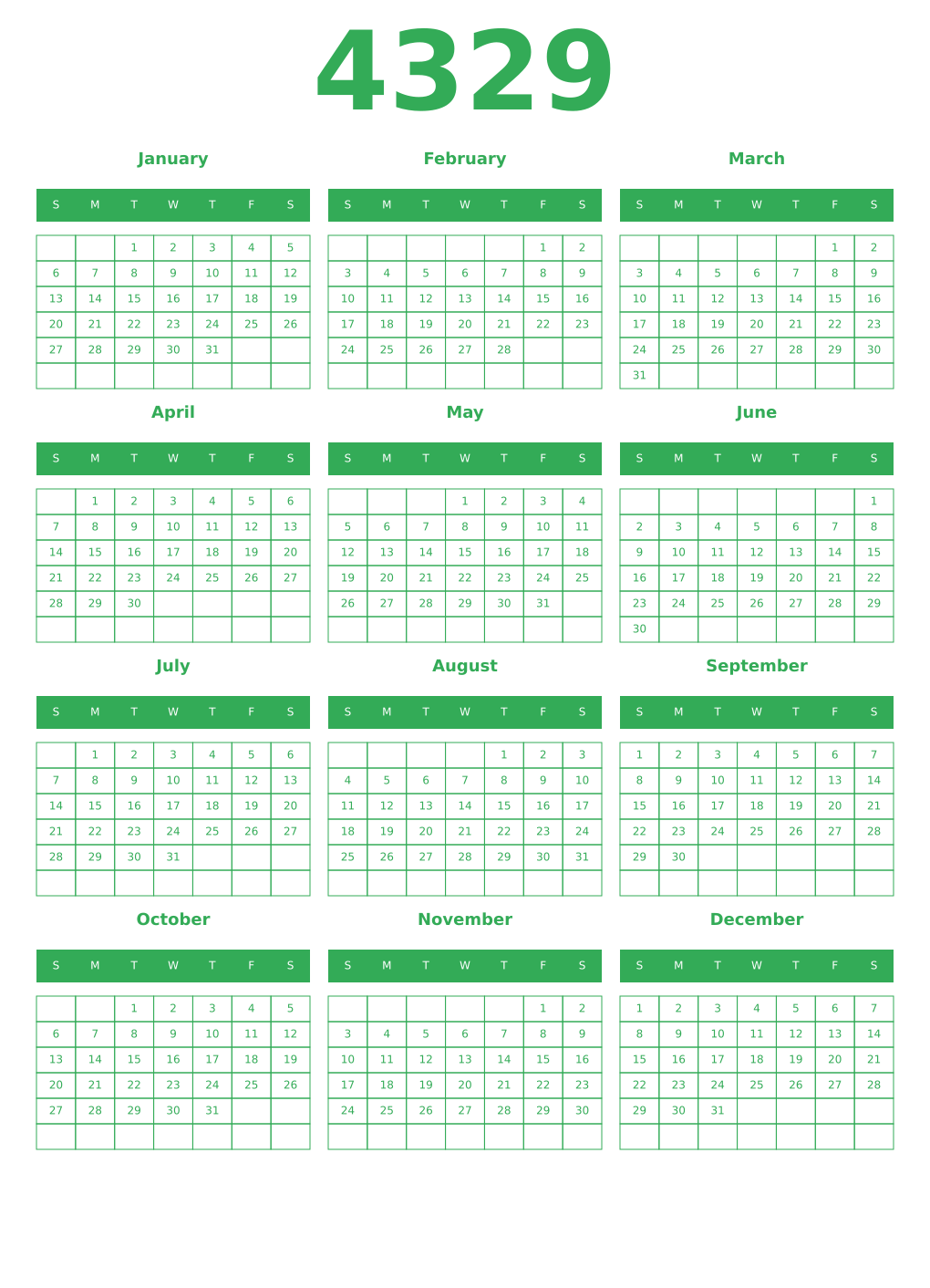 Printable 4329 Year Calendars green