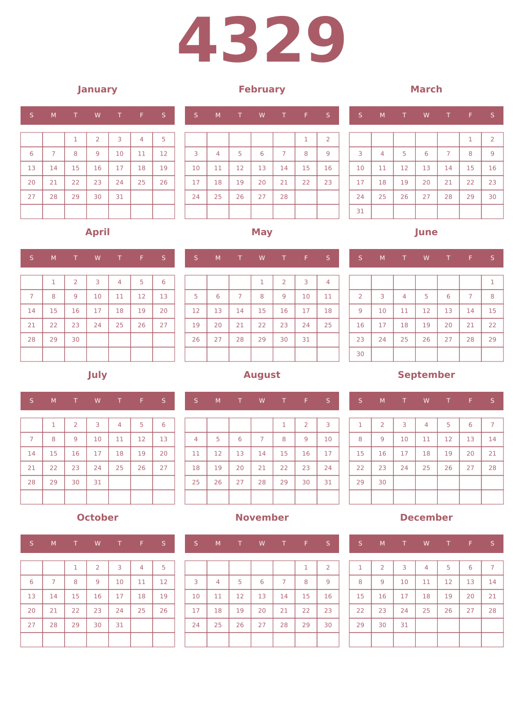 Printable 4329 Year Calendars puce
