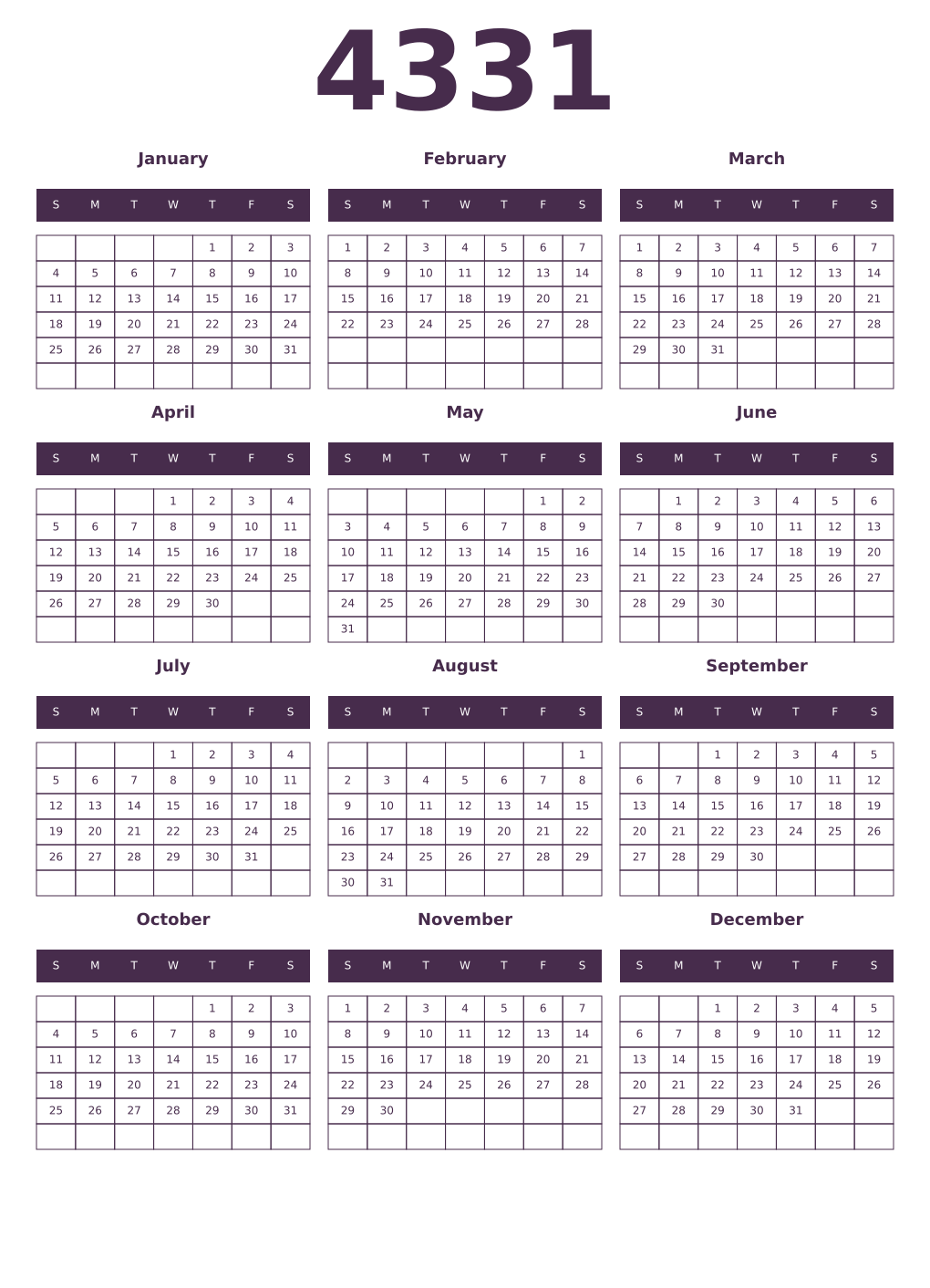 Printable 4331 Year Calendars aubergine