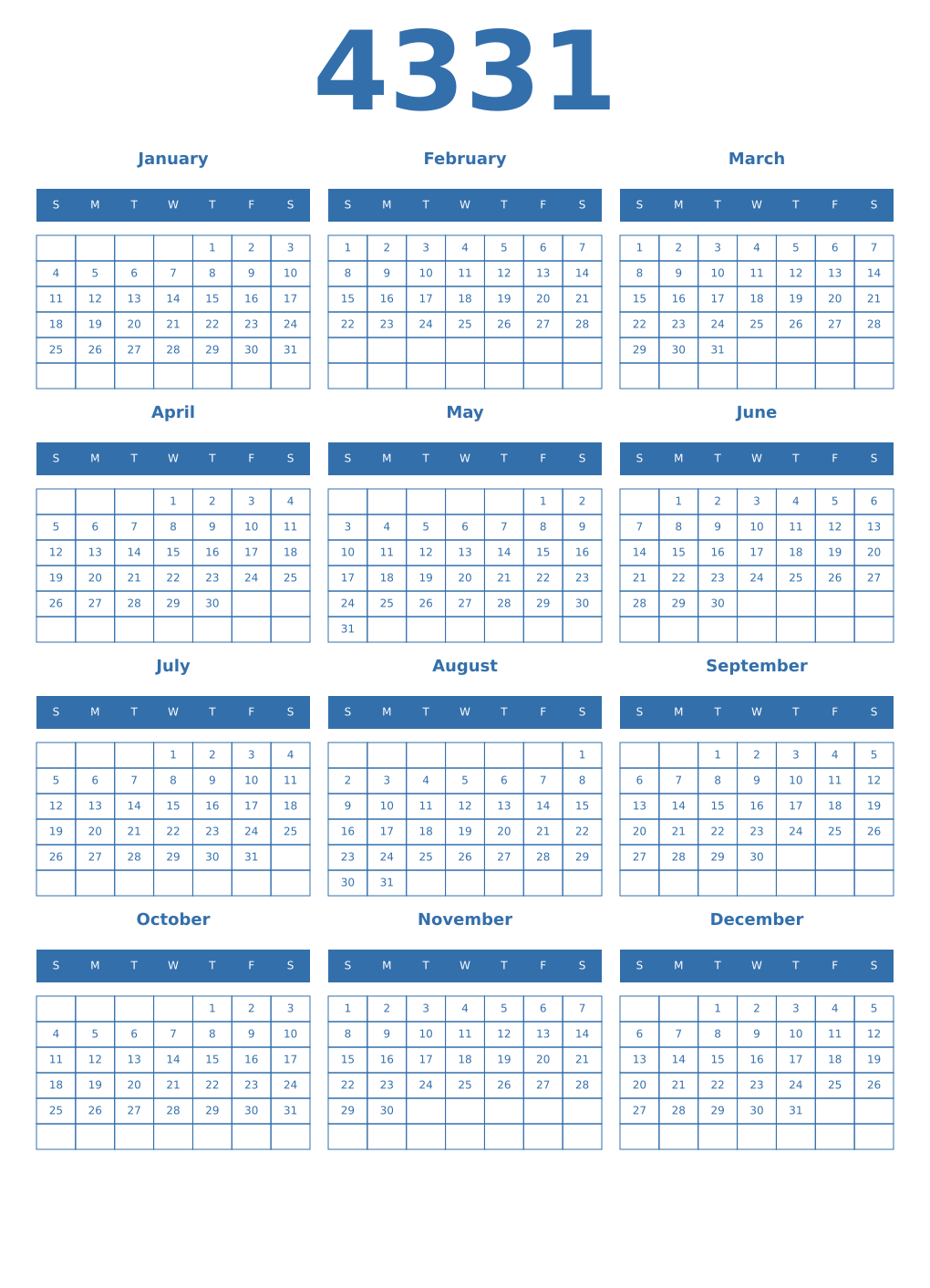 Printable 4331 Year Calendars blue