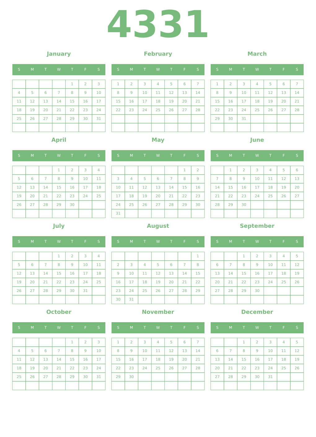 Printable 4331 Year Calendars celadon