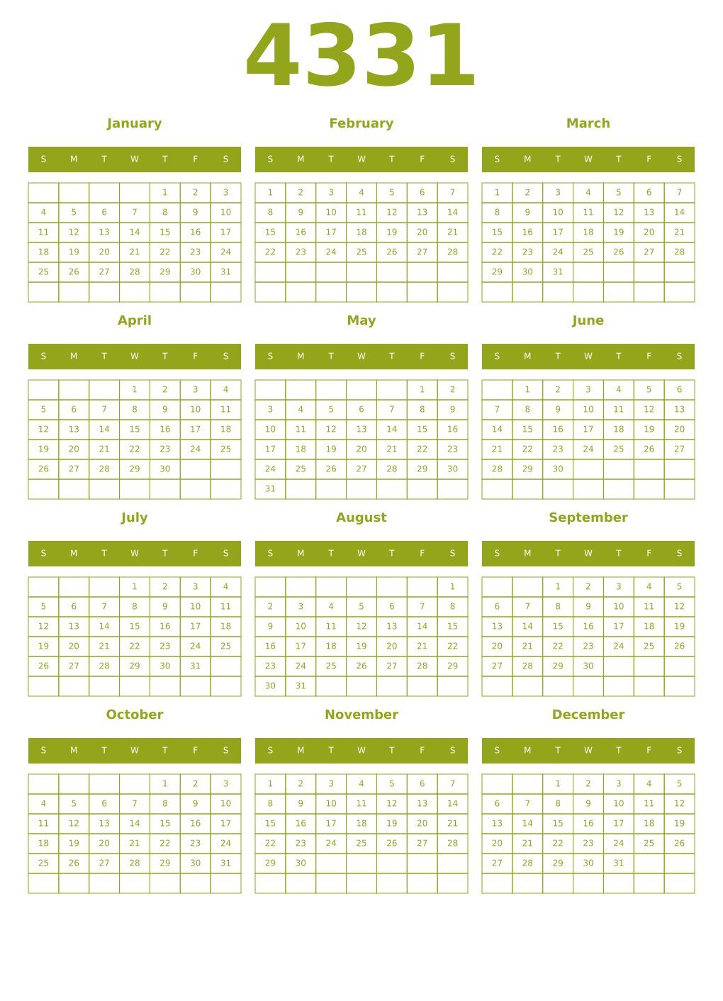 Printable 4331 Year Calendars chartreuse