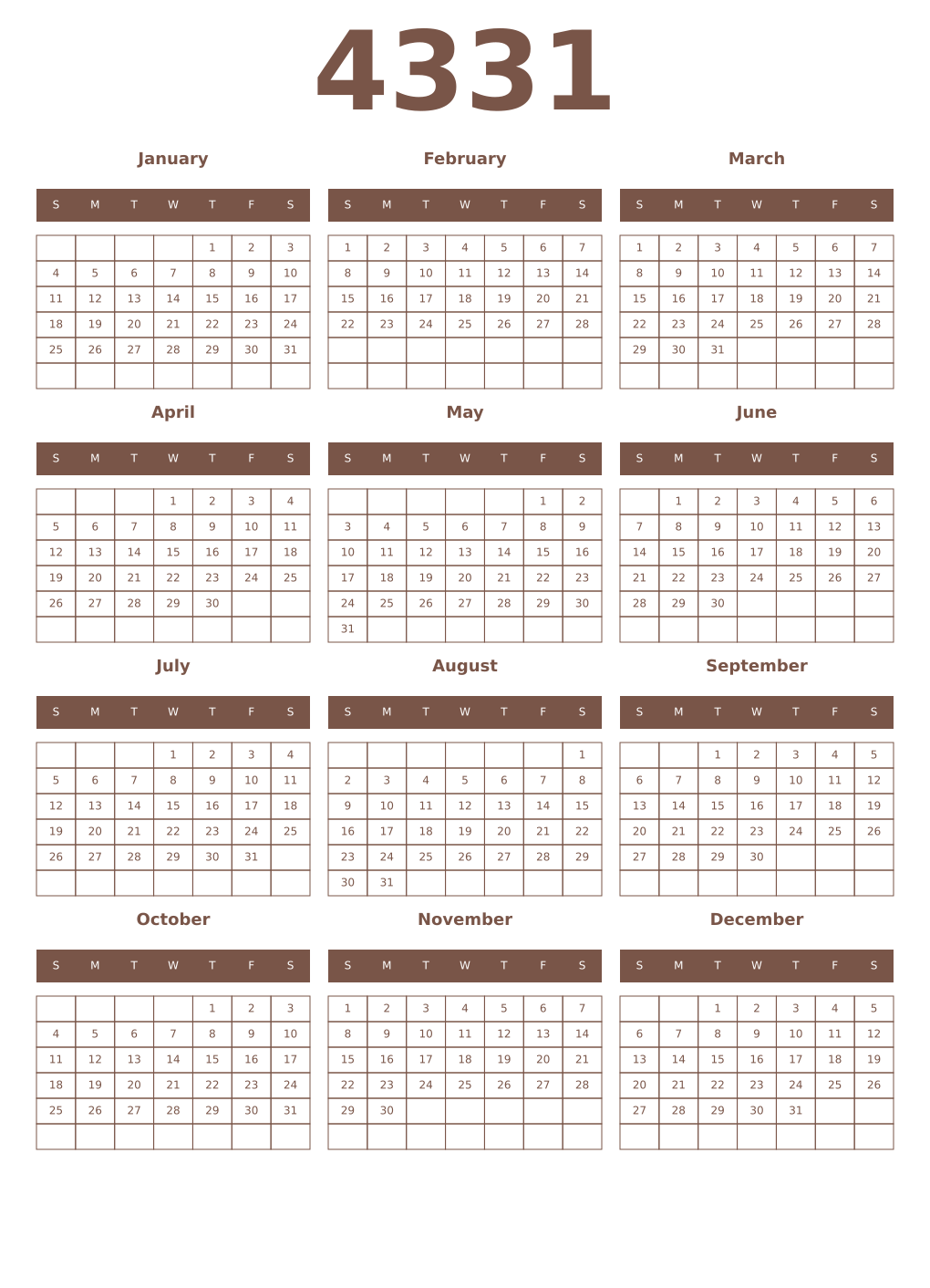 Printable 4331 Year Calendars coffe