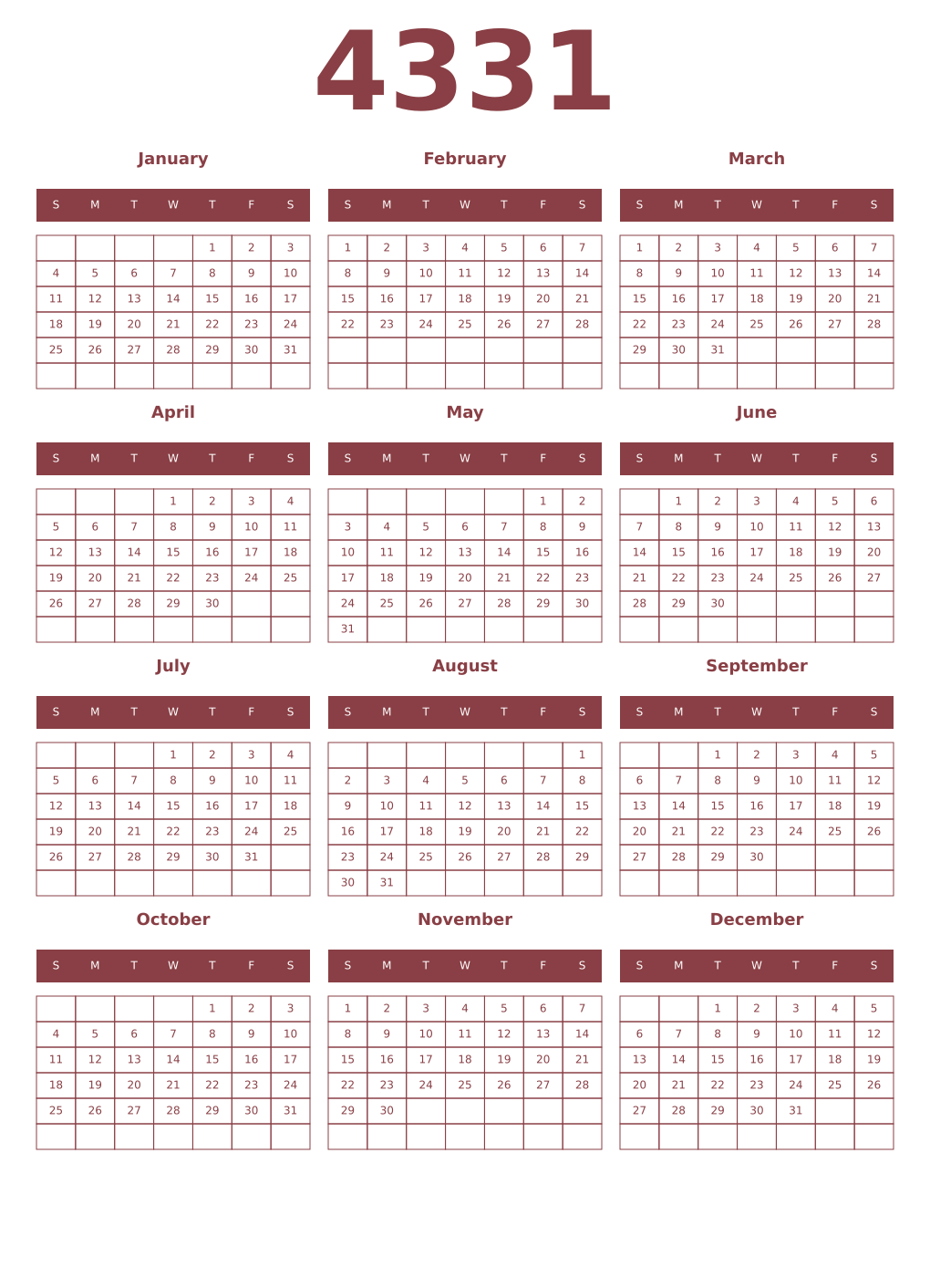 Printable 4331 Year Calendars cordovan