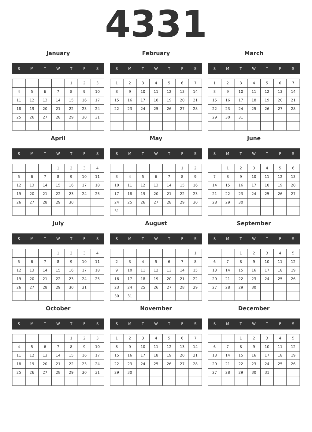 Printable 4331 Year Calendars dark