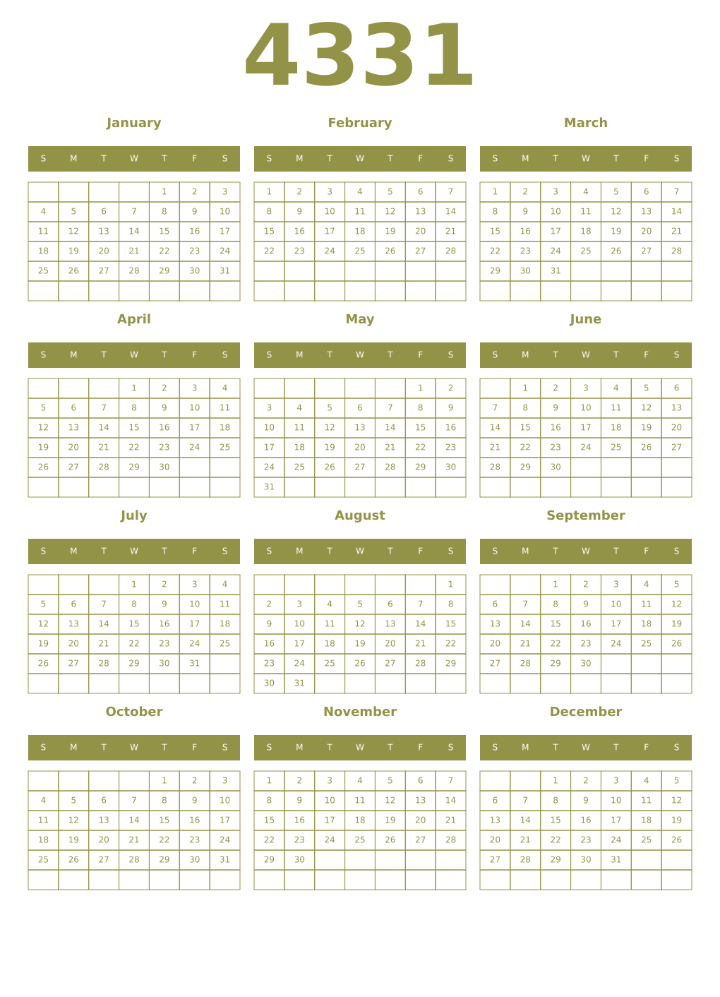 Printable 4331 Year Calendars eburnean