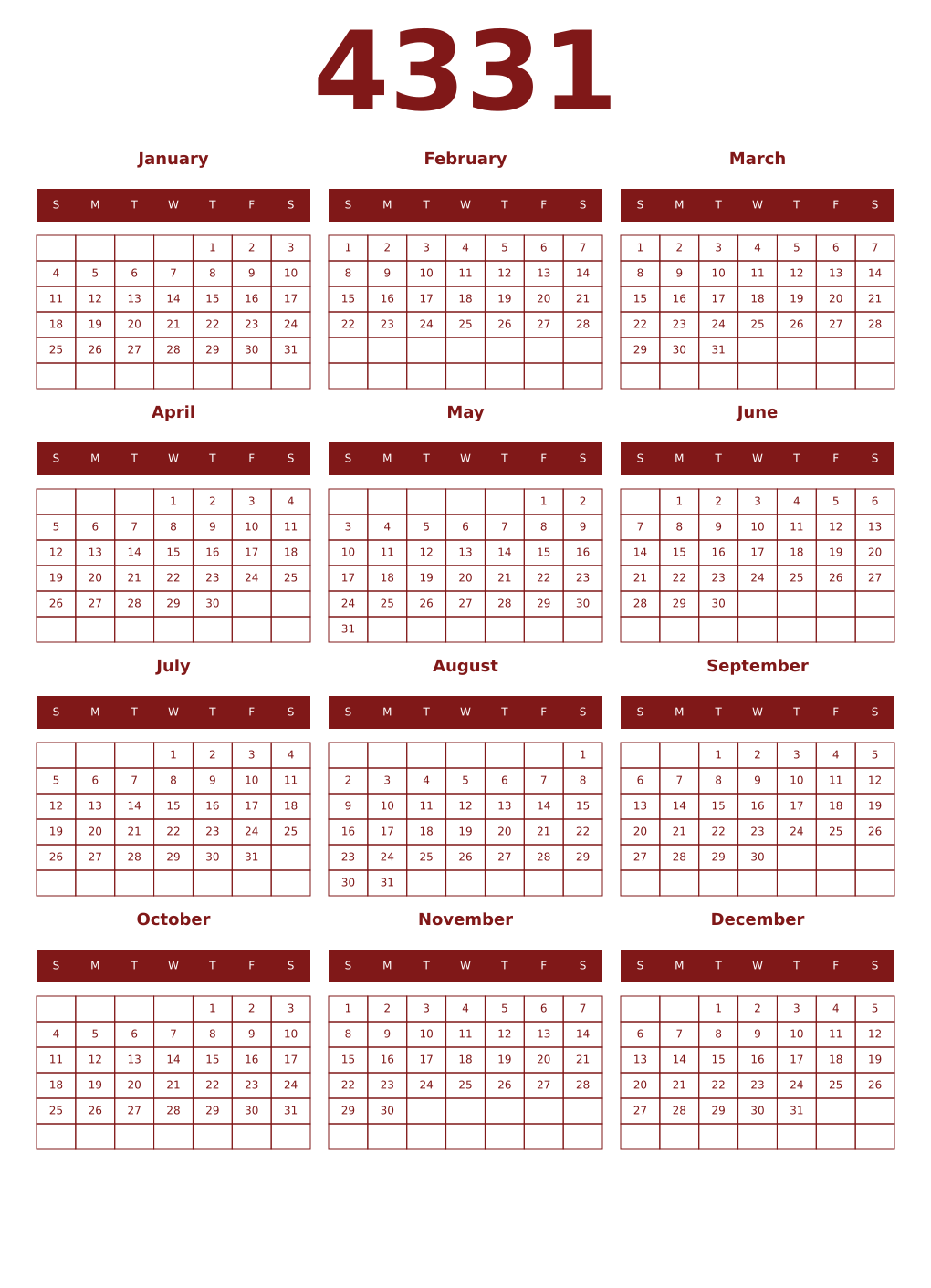 Printable 4331 Year Calendars falu