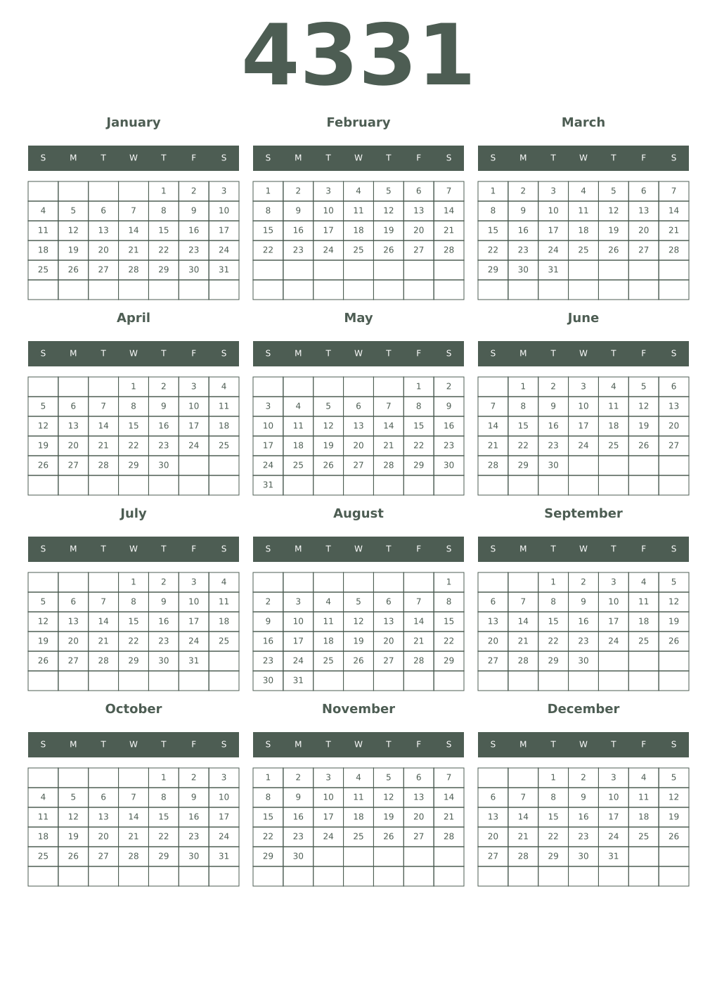 Printable 4331 Year Calendars feldgrau