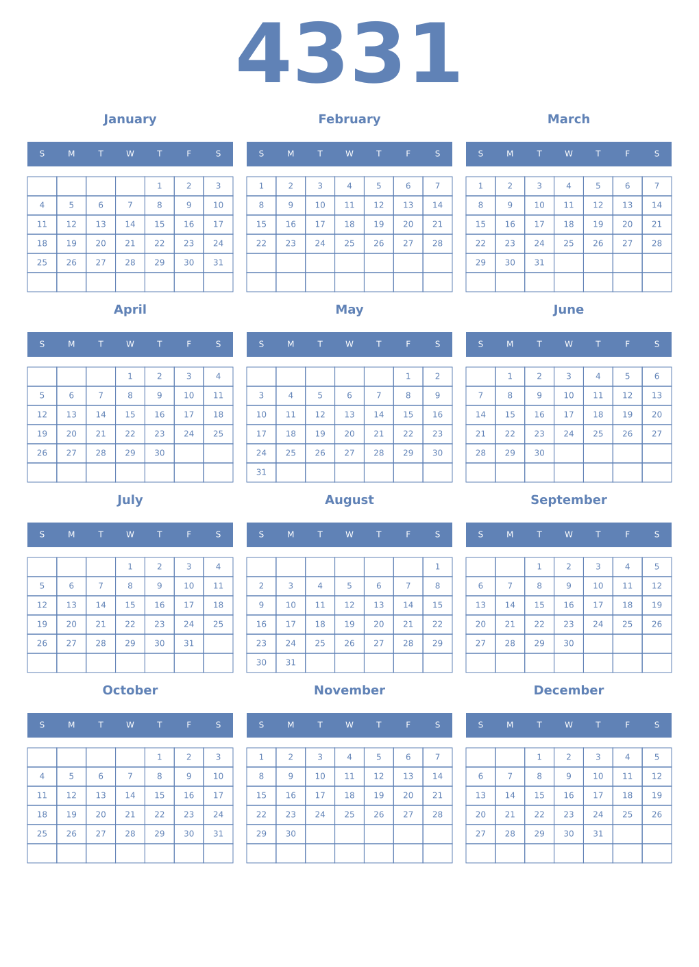 Printable 4331 Year Calendars glaucous